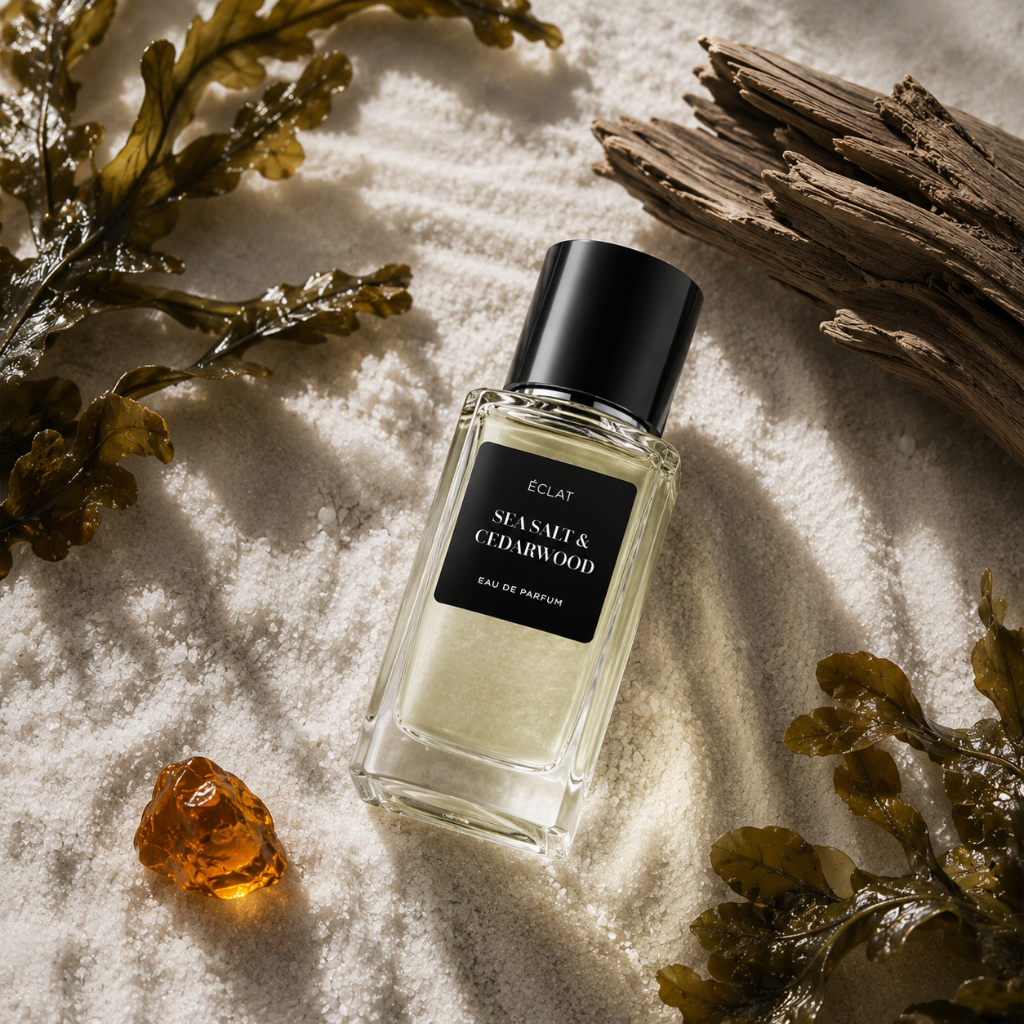 ÉCLAT Sea Salt & Cedarwood Parfümflakon mit schwarzem Verschluss auf grobem Salz, umgeben von Treibholz, Bernstein und Seetang.