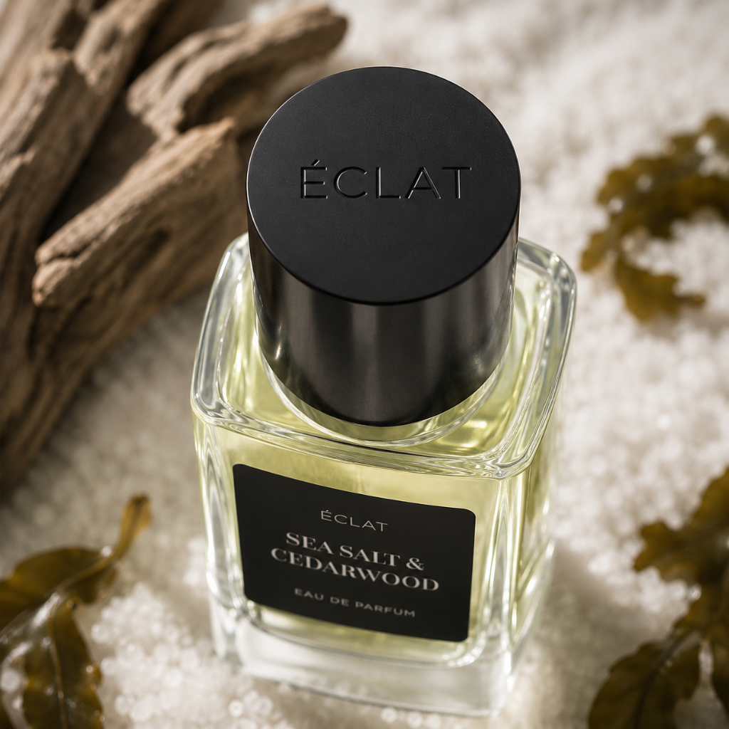 Ein facettierter Glasflakon von ÉCLAT Sea Salt & Cedarwood mit schwarzem Verschluss, umgeben von Treibholz und Seegras.