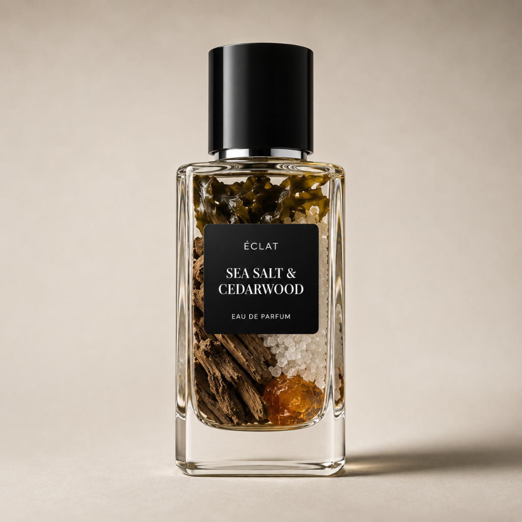 Ein facettierter Glasflakon von ÉCLAT Sea Salt & Cedarwood mit mattschwarzem Etikett und Verschluss, mit texturierten Elementen im Inneren.