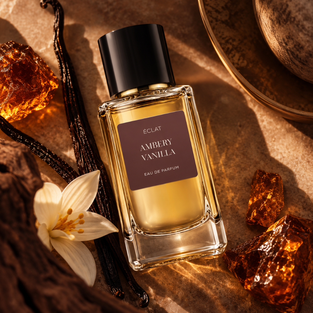 Facettierter Glasflakon von ÉCLAT Ambery Vanilla liegend zwischen Vanilleschoten, Bernsteinsteinen und einer weißen Blume auf einer strukturierten Oberfläche.
