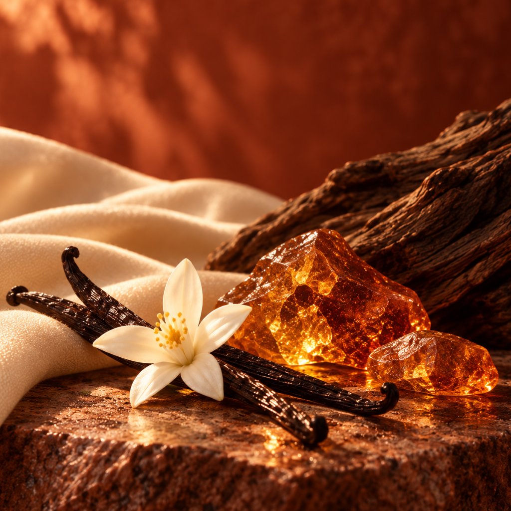 Ein Arrangement aus Vanilleschoten, einer weißen Blüte, Amberkristallen und strukturiertem Holz evoziert die Essenz von ÉCLAT Ambery Vanilla.