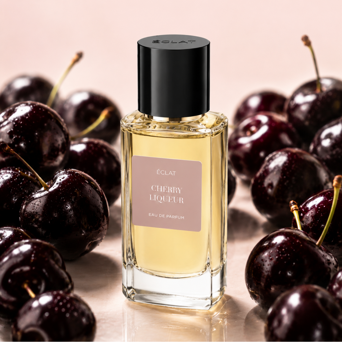 Ein facettierter Glasflakon von ÉCLAT Cherry Liqueur mit schwarzer Kappe, umgeben von glänzenden dunklen Kirschen.