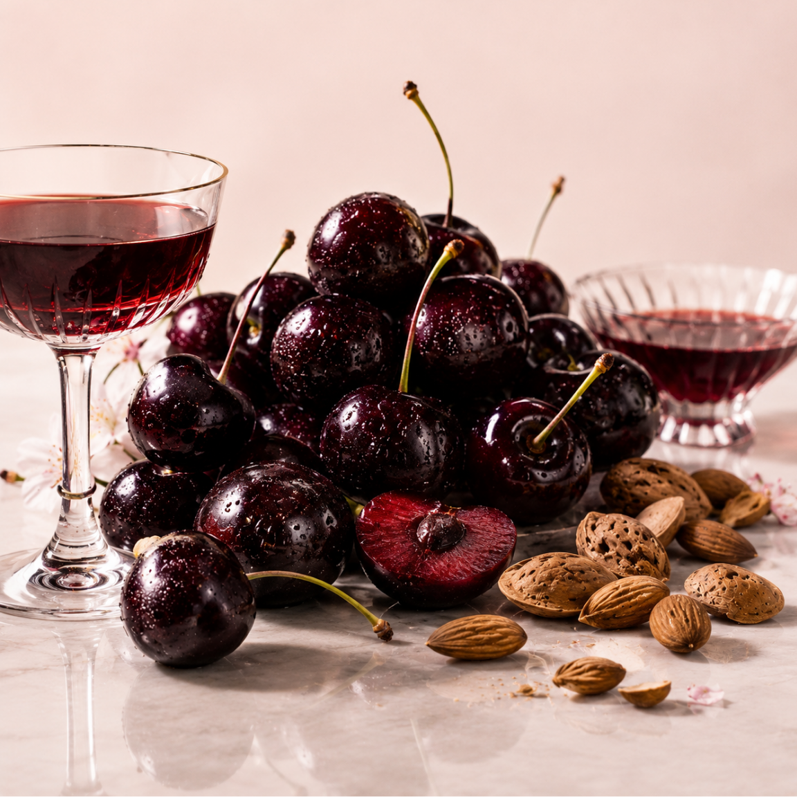 Ein opulentes Arrangement aus glänzenden Kirschen, Mandeln und reichhaltigem rotem Likör in einem Glas, das die Essenz von ÉCLAT Cherry Liqueur einfängt.