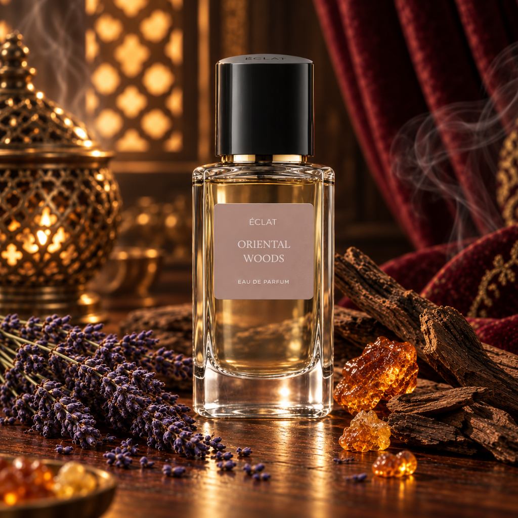 Ein facettierter Glasflakon von ÉCLAT Oriental Woods mit schwarzem Verschluss ist umgeben von getrocknetem Lavendel, Bernsteinharz und Holzstöcken vor einem luxuriösen Hintergrund.
