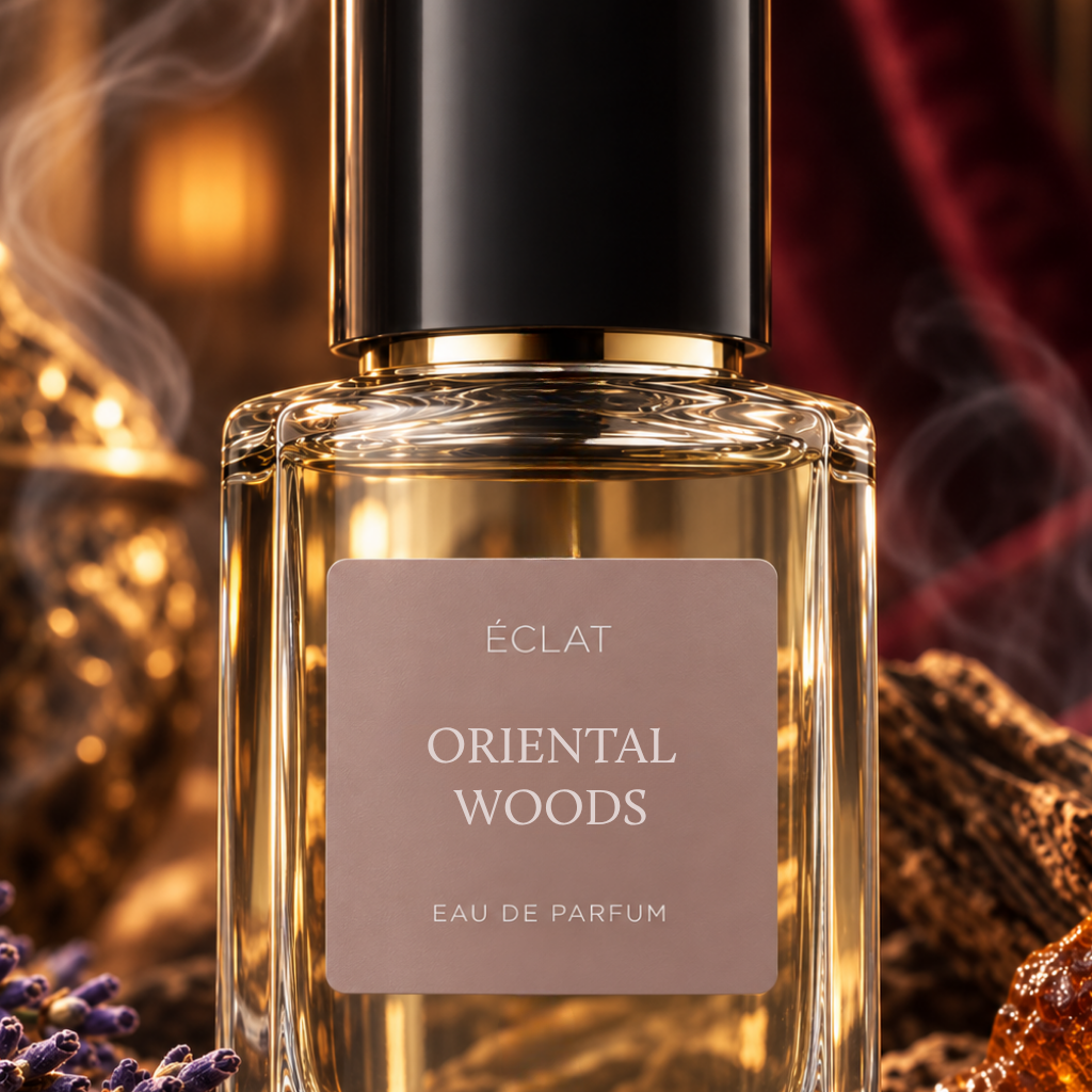 Ein facettierter Glasflakon von ÉCLAT Oriental Woods mit mattem Etikett und goldener Kappe vor einem Hintergrund aus warmen Texturen.