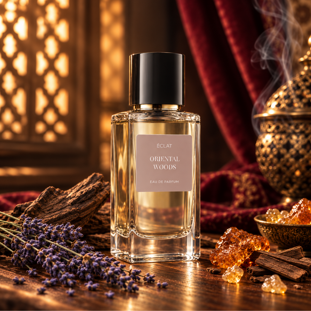 Facettierter Glasflakon von ÉCLAT Oriental Woods mit schwarzer Kappe, vor einem Hintergrund aus Weihrauch und Lavendel auf Holz.