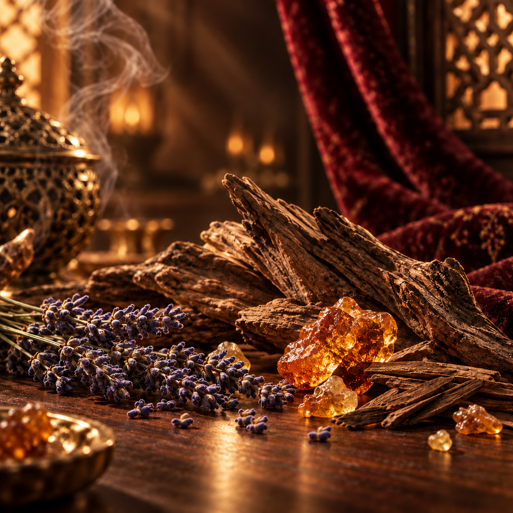 Ein Arrangement aus Lavendelzweigen, Bernsteinharz und Holzstücken vor einem reich strukturierten Hintergrund, der orientalische Eleganz suggeriert.