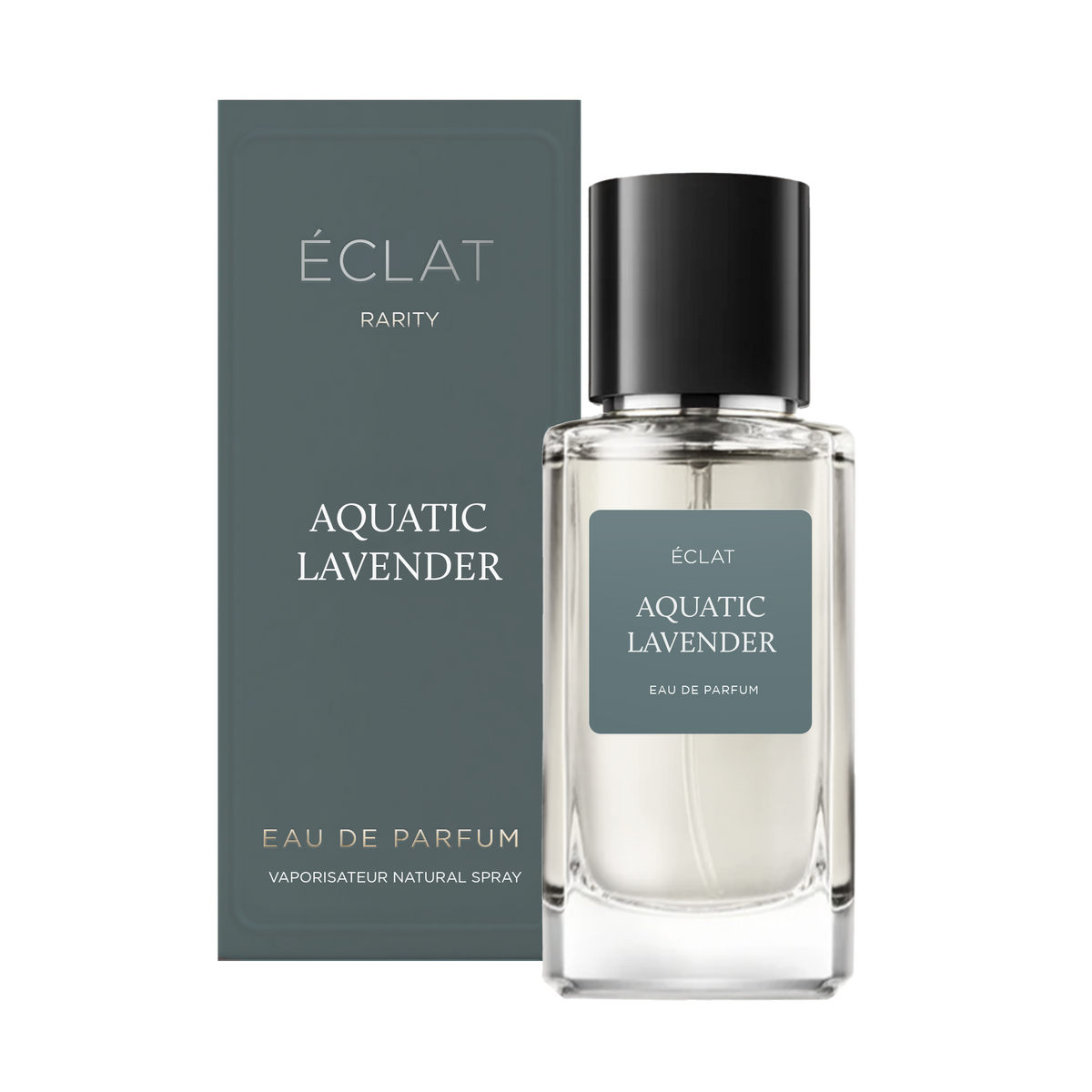 ÉCLAT Aquatic Lavender Parfum mit klarem Glasflakon und schwarzem Verschluss, neben der eleganten dunkelblauen Verpackung.