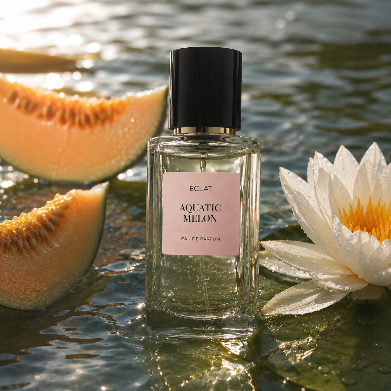 Ein facettierter Glasflakon von ÉCLAT Aquatic Melon steht auf einem wässrigen Hintergrund, begleitet von Melonenscheiben und einer weißen Lotusblüte.