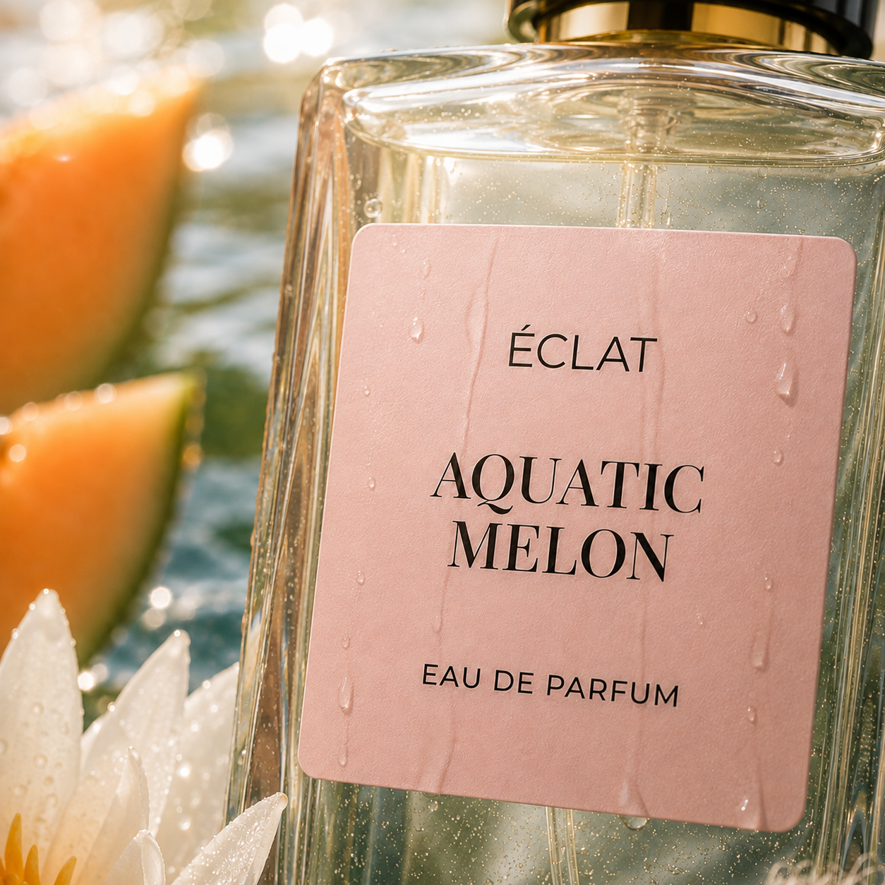 Ein facettierter Glasflakon von ÉCLAT Aquatic Melon mit einem rosa matten Etikett, umgeben von Wasser und Melonenscheiben.