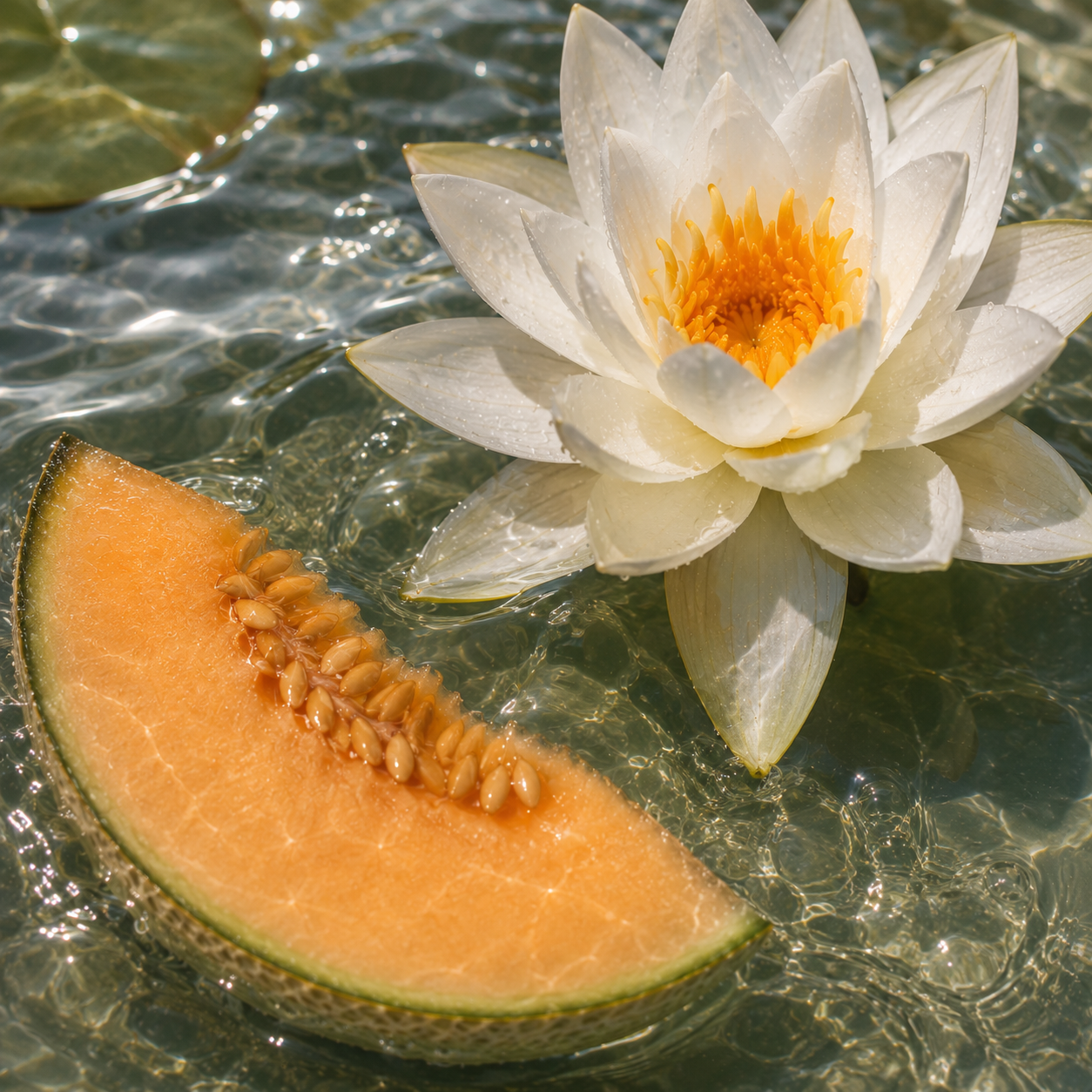 Eine Scheibe reife Melone und eine weiße Seerose schwimmen auf klarem Wasser, symbolistisch für ÉCLAT Aquatic Melon.