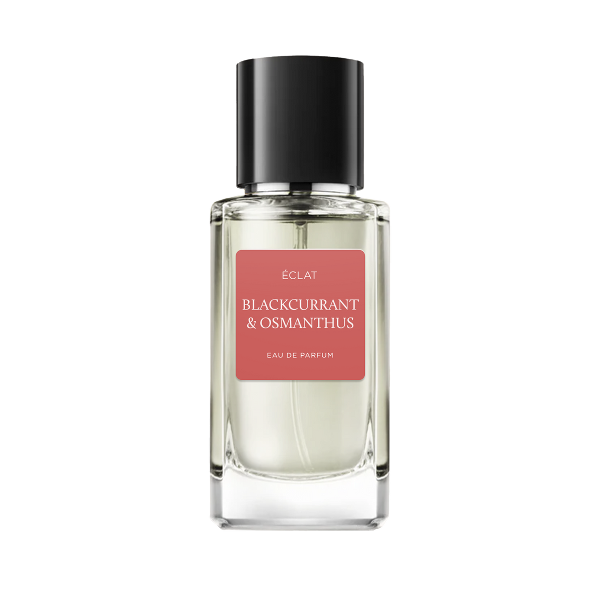 ÉCLAT facettierter Glasflakon mit schwarzer Kappe und rotem Etikett, das Blackcurrant & Osmanthus Eau de Parfum zeigt.