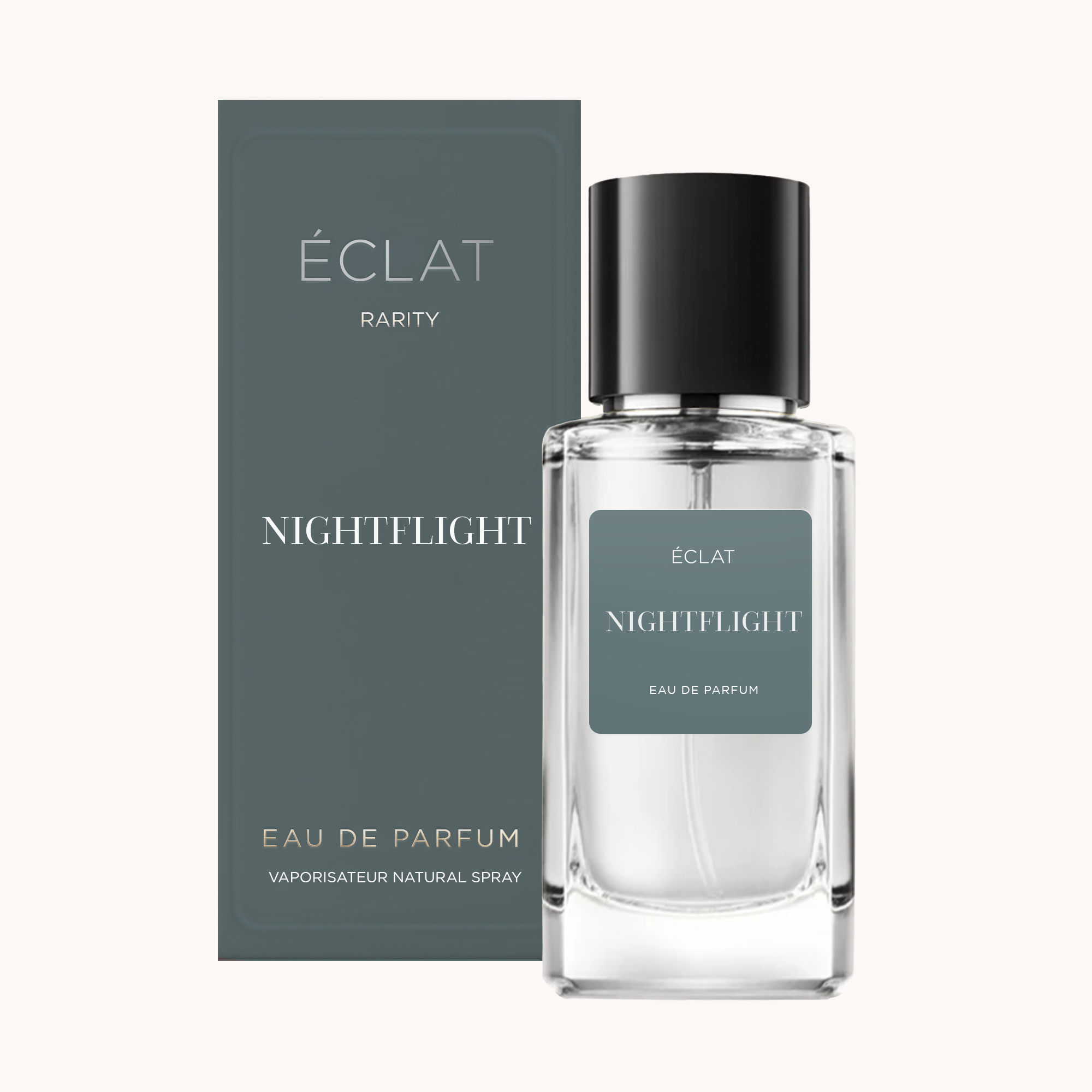 Ein klarer Glasflakon mit schwarzer Kappe, neben einer grauen Schachtel, beide mit ÉCLAT Nightflight beschriftet.