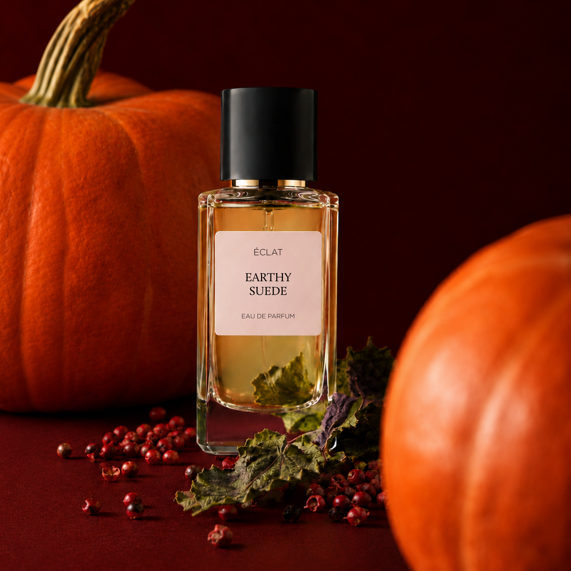 ÉCLAT Earthy Suede Parfumflakon mit schwarzer Kappe, umgeben von Kürbissen und getrockneten Blättern auf rotem Hintergrund.