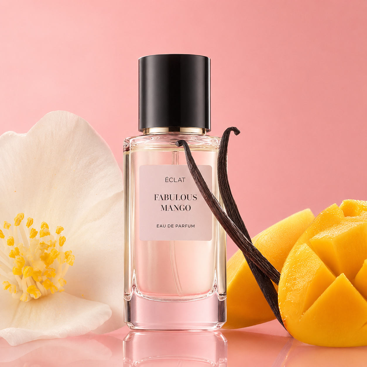 Der Flakon des Duftes ÉCLAT Fabulous Mango mit schwarzer Kappe ist von einer weißen Blume, Vanilleschote und geschnittener Mango auf rosa Hintergrund umgeben.