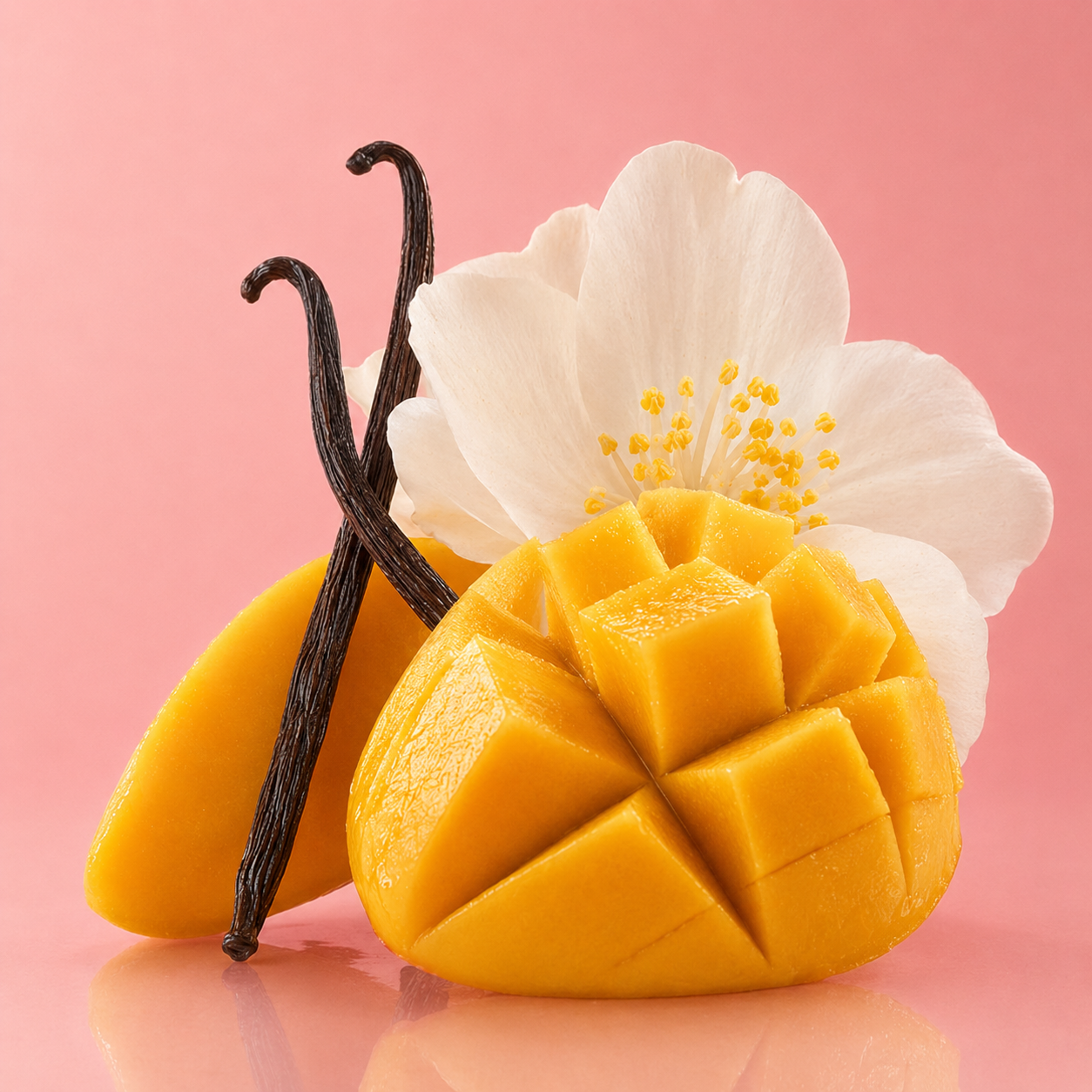 Eine halbierte, gewürfelte Mango, zwei Vanilleschoten und eine weiße Blume auf einem rosa Hintergrund.