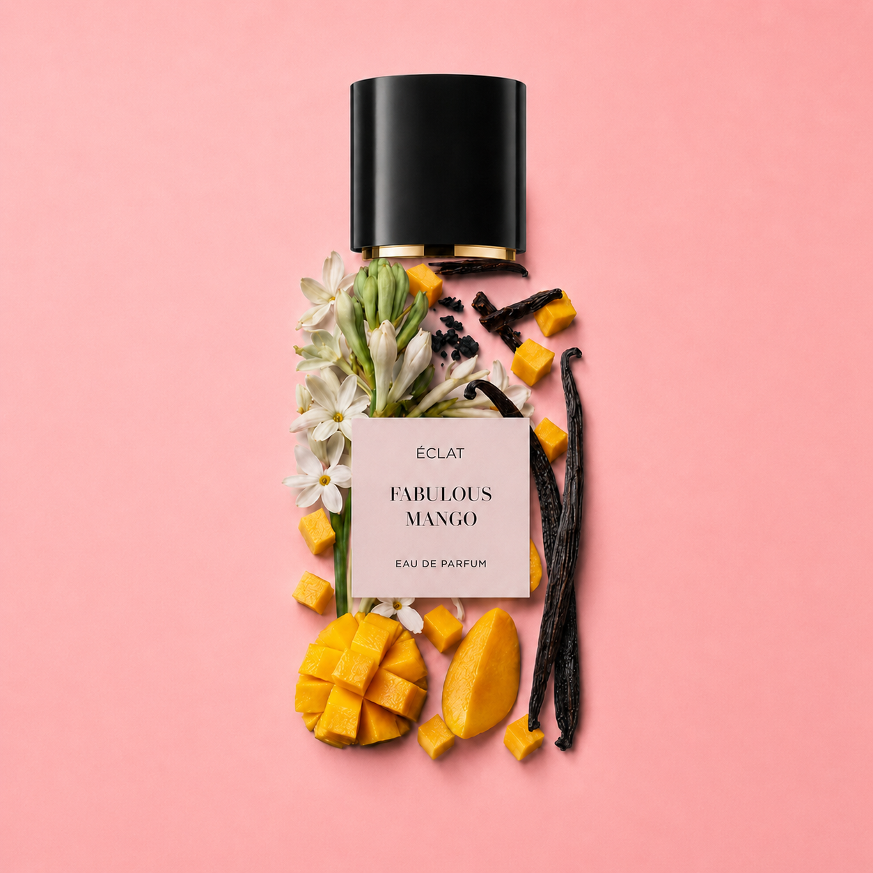 Der ÉCLAT Fabulous Mango Parfumflakon mit schwarzem Verschluss ist mit weißen Blüten, Mangowürfeln und Vanilleschoten auf rosa Hintergrund verziert.