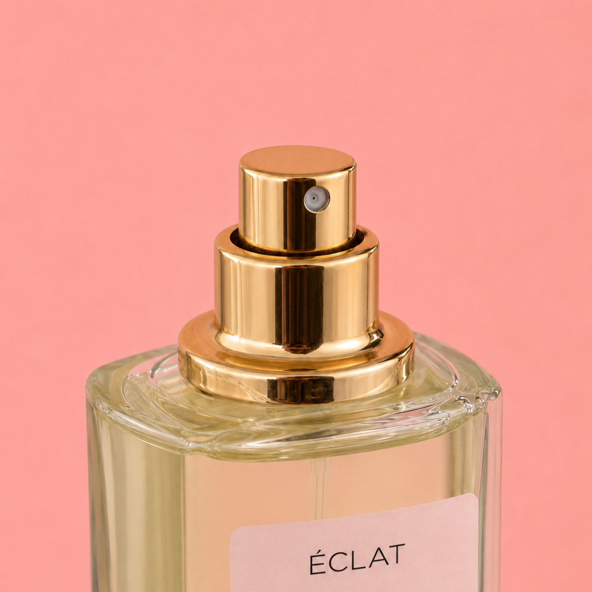 ÉCLAT Fabulous Mango Parfümflakon mit goldfarbener Sprühdüse und schlankem, transparentem Design vor rosa Hintergrund.