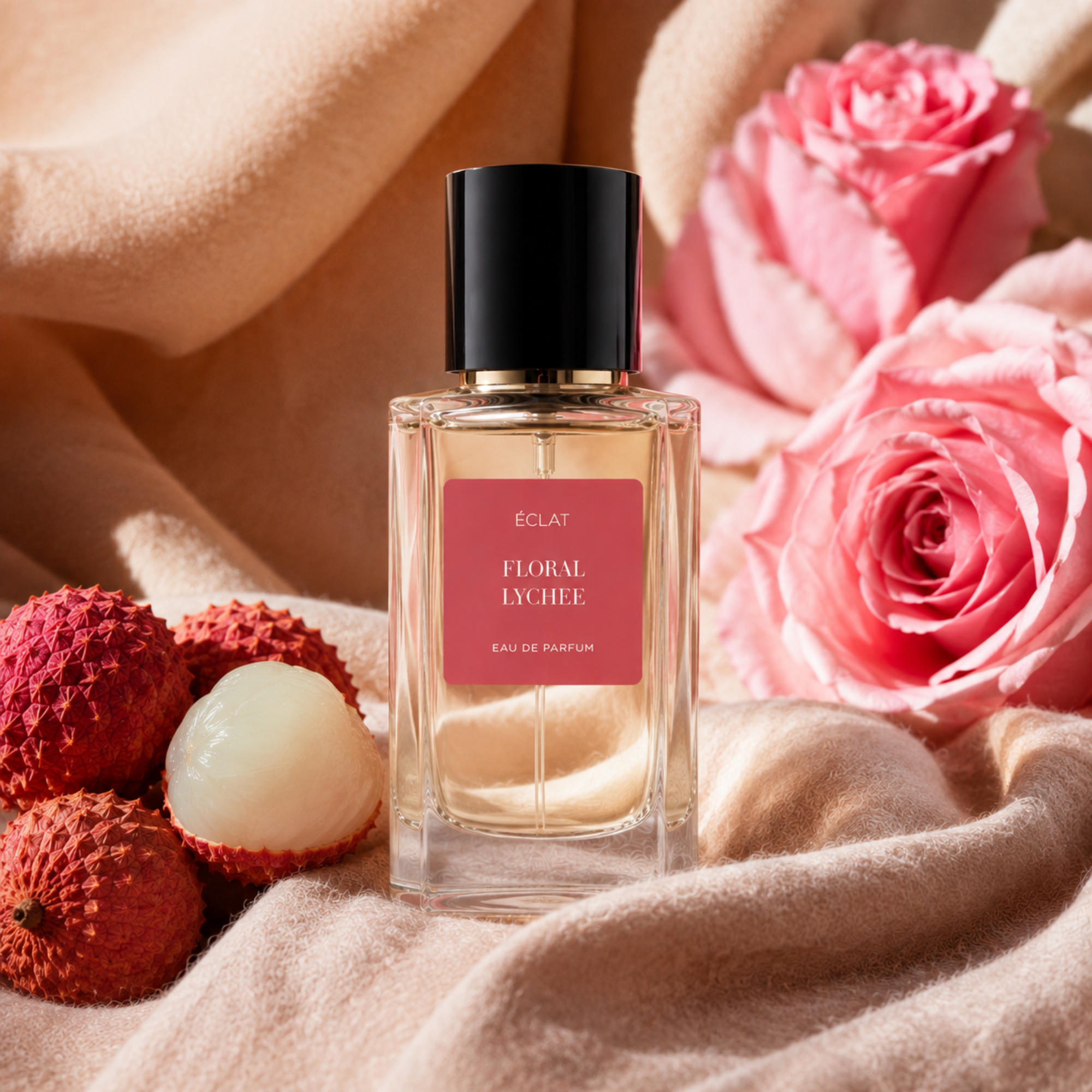 Ein facettierter Glasflakon des ÉCLAT Floral Lychee Parfums mit schwarzer Kappe, umgeben von frischen Litschis und rosa Rosen auf weichem Stoff.