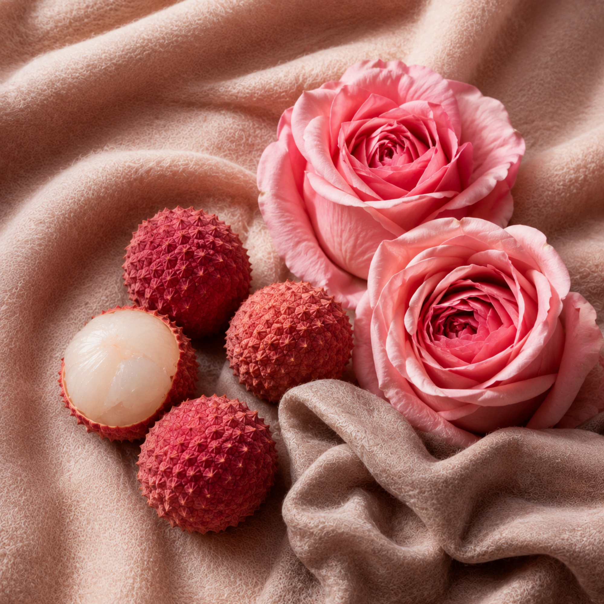 Ein Arrangement aus rosa Rosen und Litschis, elegant auf einem weichen beigen Stoff präsentiert, repräsentiert ÉCLAT Floral Lychee.