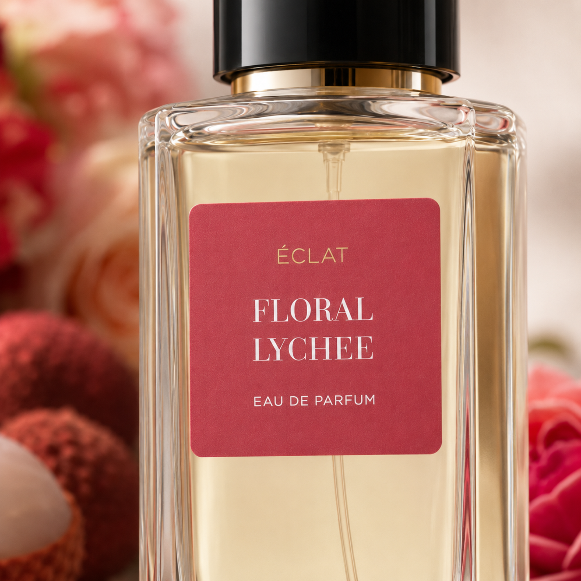 Ein facettierter Glasflakon mit schwarzer Kappe und rotem Etikett, auf dem ÉCLAT Floral Lychee steht, umgeben von weichen Blumenakzenten.