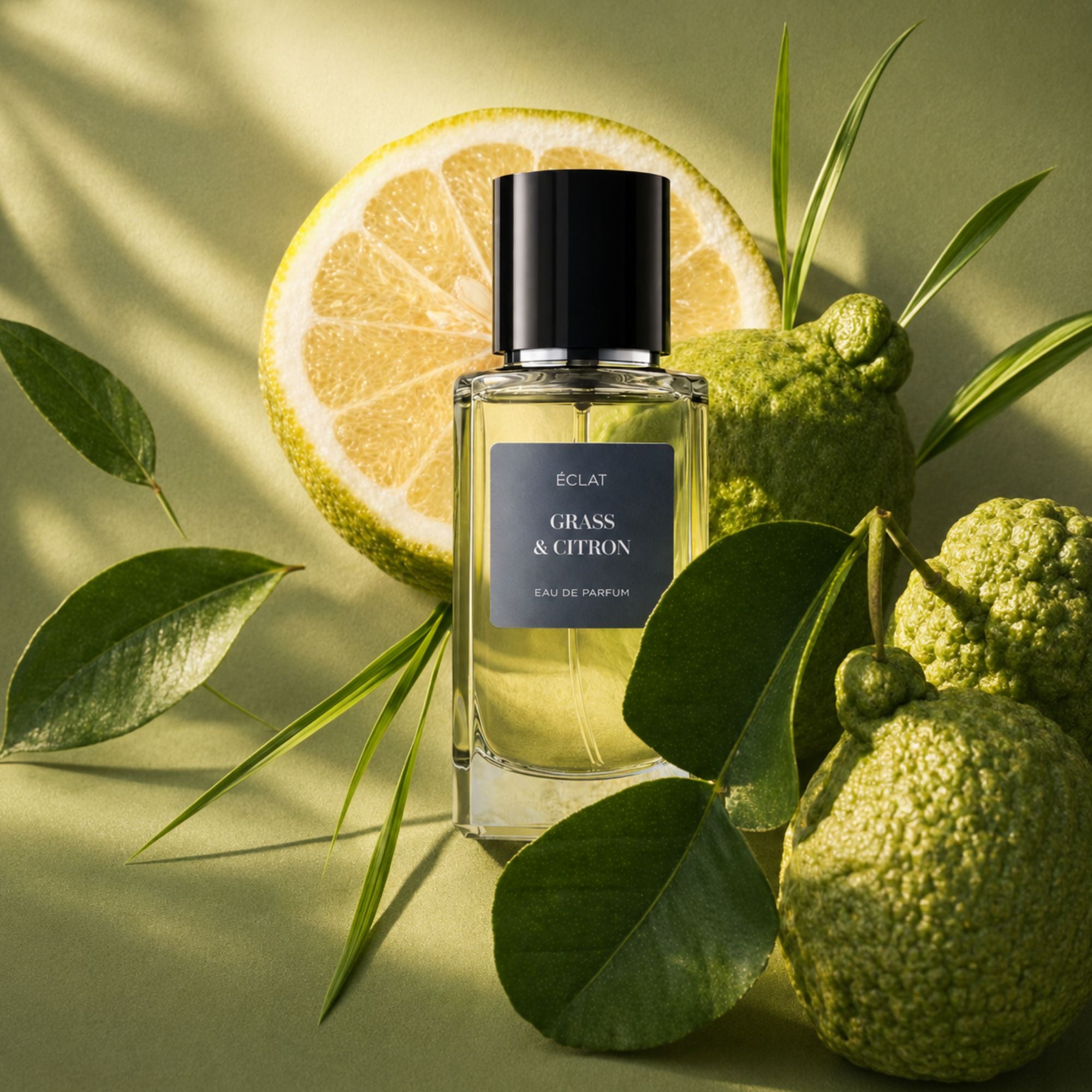 Ein facettierter Glasflakon von ÉCLAT Grass & Citron mit schwarzer Kappe, umgeben von Zitrusfrüchten und grünen Blättern.