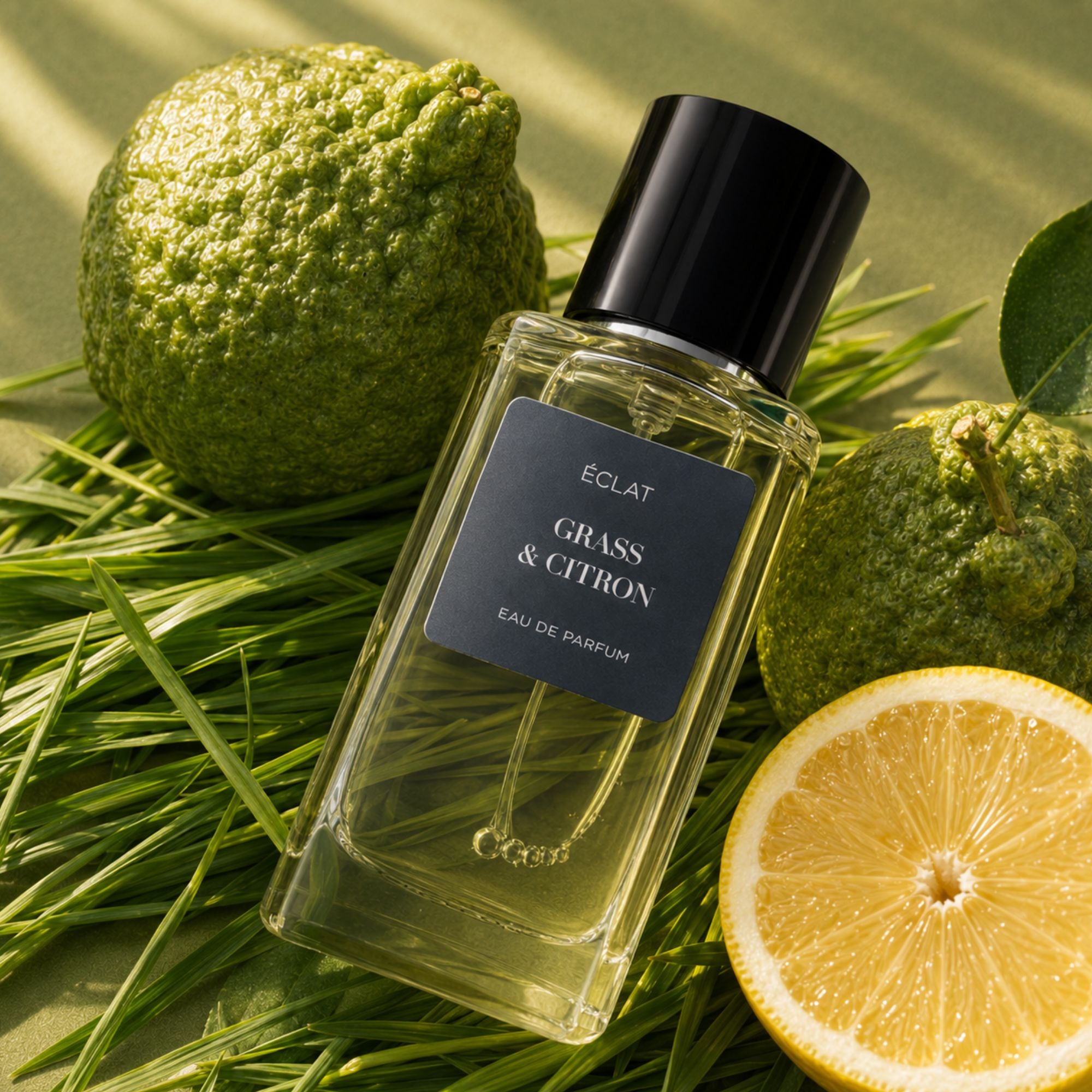 Ein facettierter Glasflakon von ÉCLAT Grass & Citron mit schwarzer Kappe, umgeben von frischem Gras, Zitrusfrüchten und einer Zitronenscheibe.