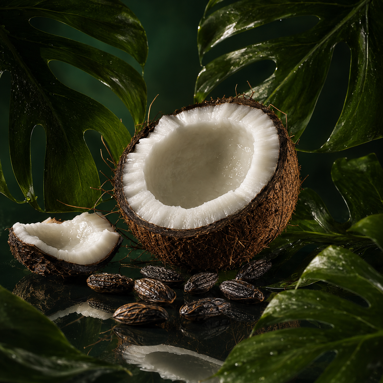 Eine gespaltene Kokosnuss, umgeben von üppigen grünen Blättern und Tonkabohnen, die die Essenz von ÉCLAT Green Coconut verkörpern.