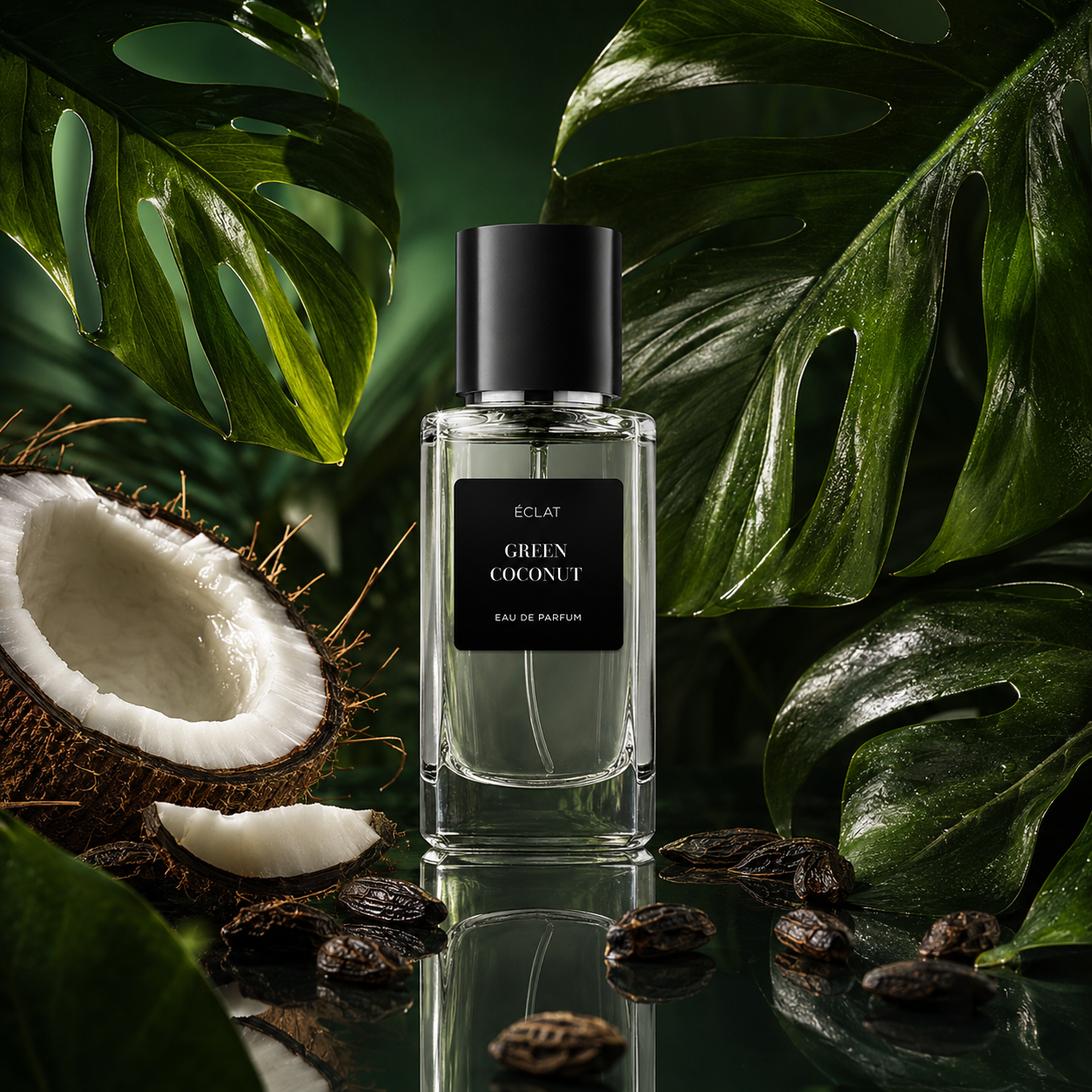 Der Flakon ÉCLAT Green Coconut steht umgeben von üppigen grünen Blättern und einer geteilten Kokosnuss, die eine tropische Essenz einfängt.