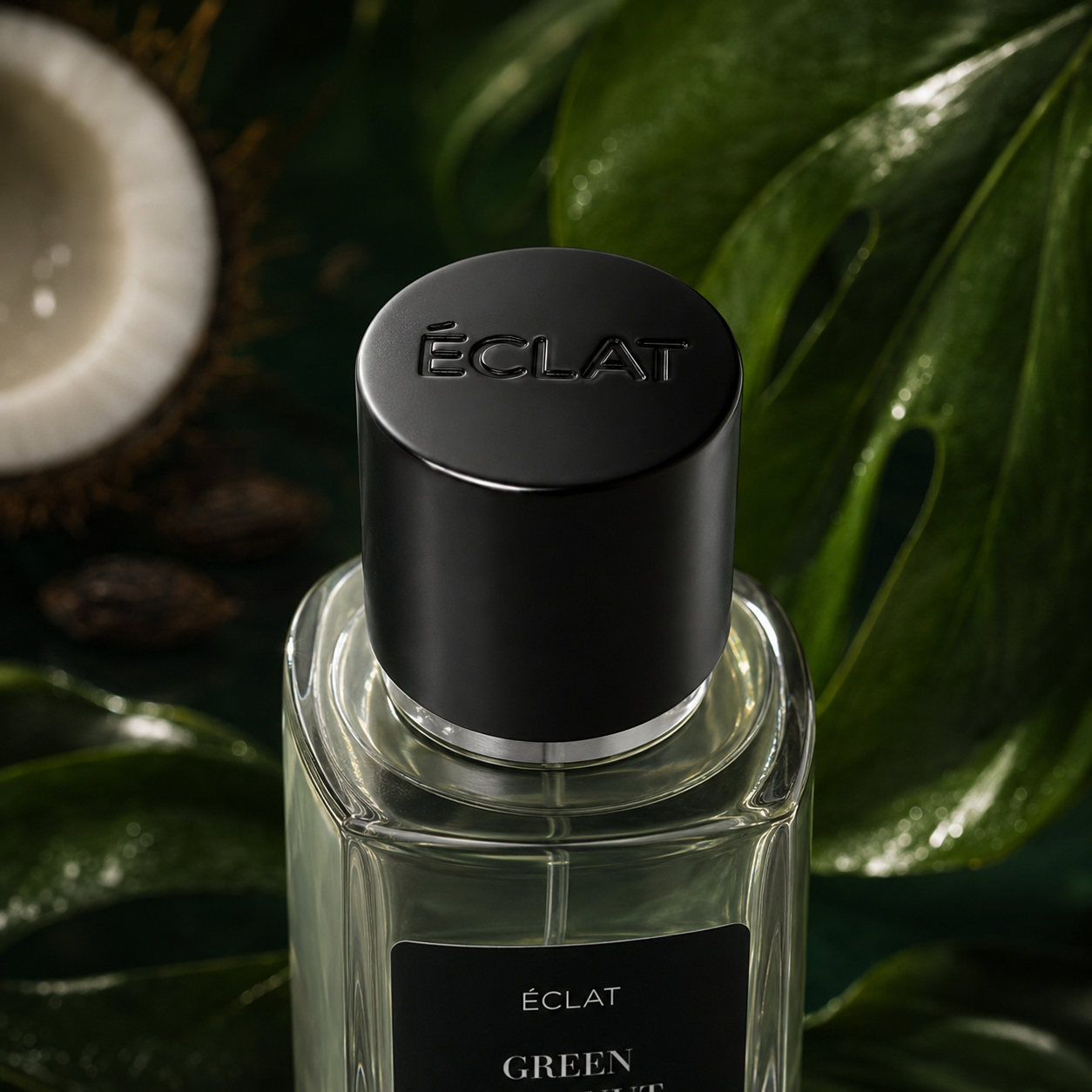 Ein facettierter Glasflakon ÉCLAT Green Coconut mit mattschwarzem Verschluss vor tropischem Hintergrund mit grünen Blättern und einer halben Kokosnuss.