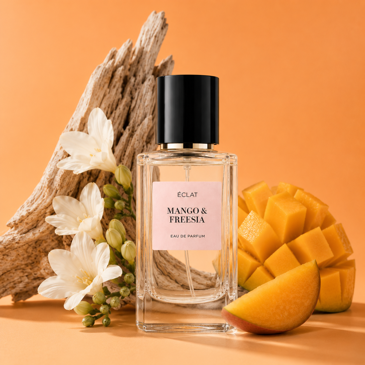 Ein facettierter Glasflakon von ÉCLAT Mango & Freesia Parfum mit schwarzer Kappe, umgeben von weißen Freesien, geschnittener Mango und Treibholz auf orangefarbenem Hintergrund.