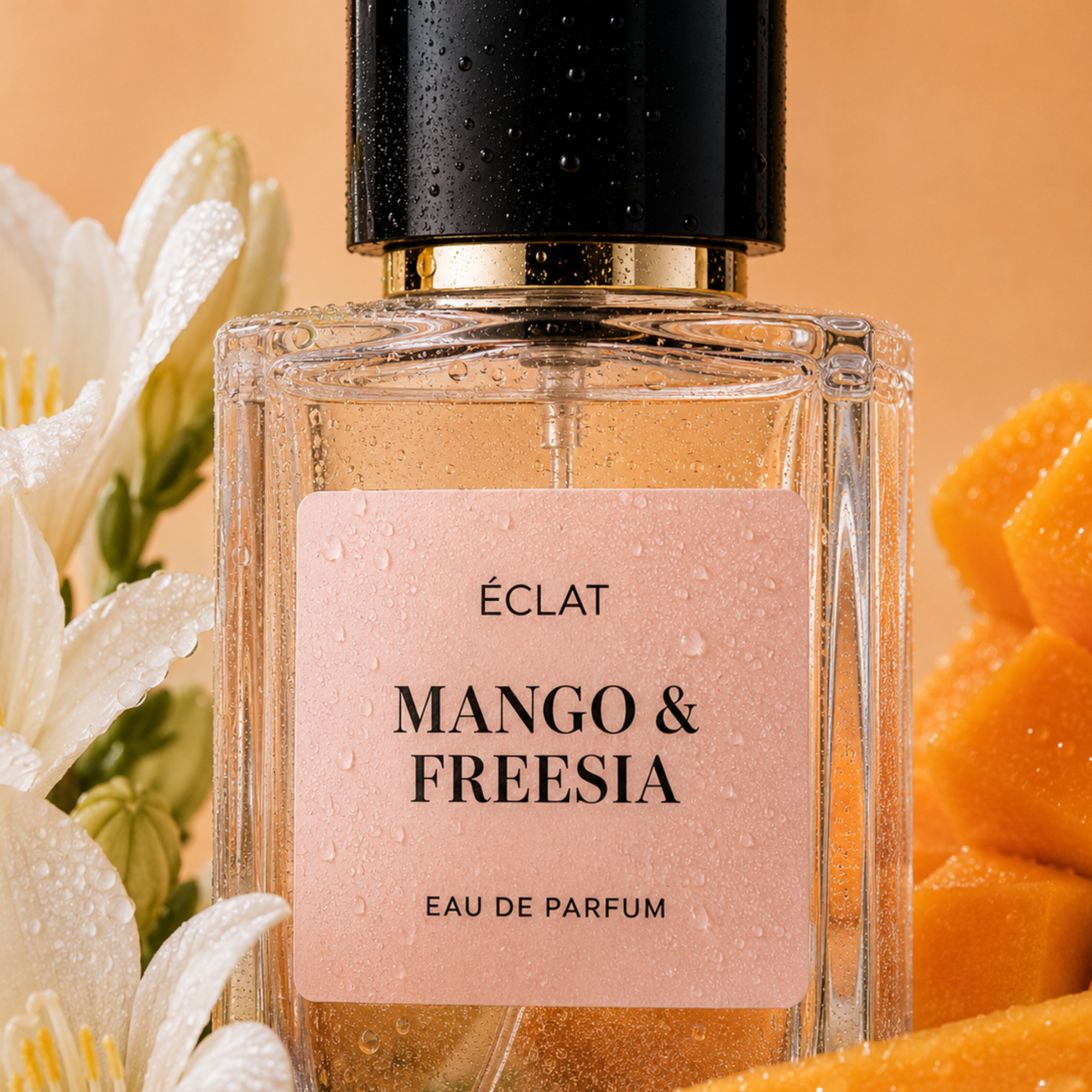 Facettierter Glasflakon von ÉCLAT Mango & Freesia mit schwarzem und goldenem Verschluss, umgeben von weißen Blüten und Mangostücken.