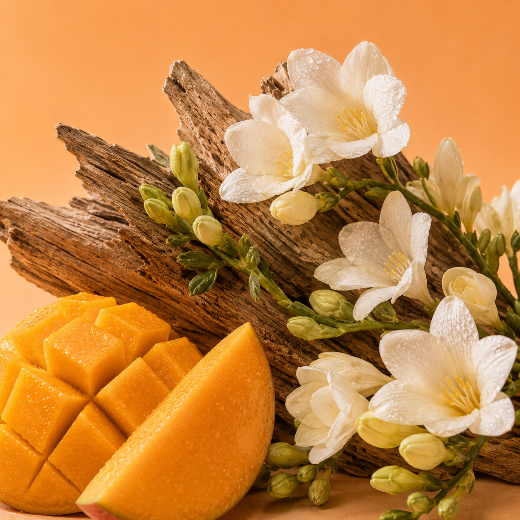 Eine Komposition aus geschnittener Mango, Freesienblüten und rustikalem Holz betont den ÉCLAT Mango & Freesia Duft.