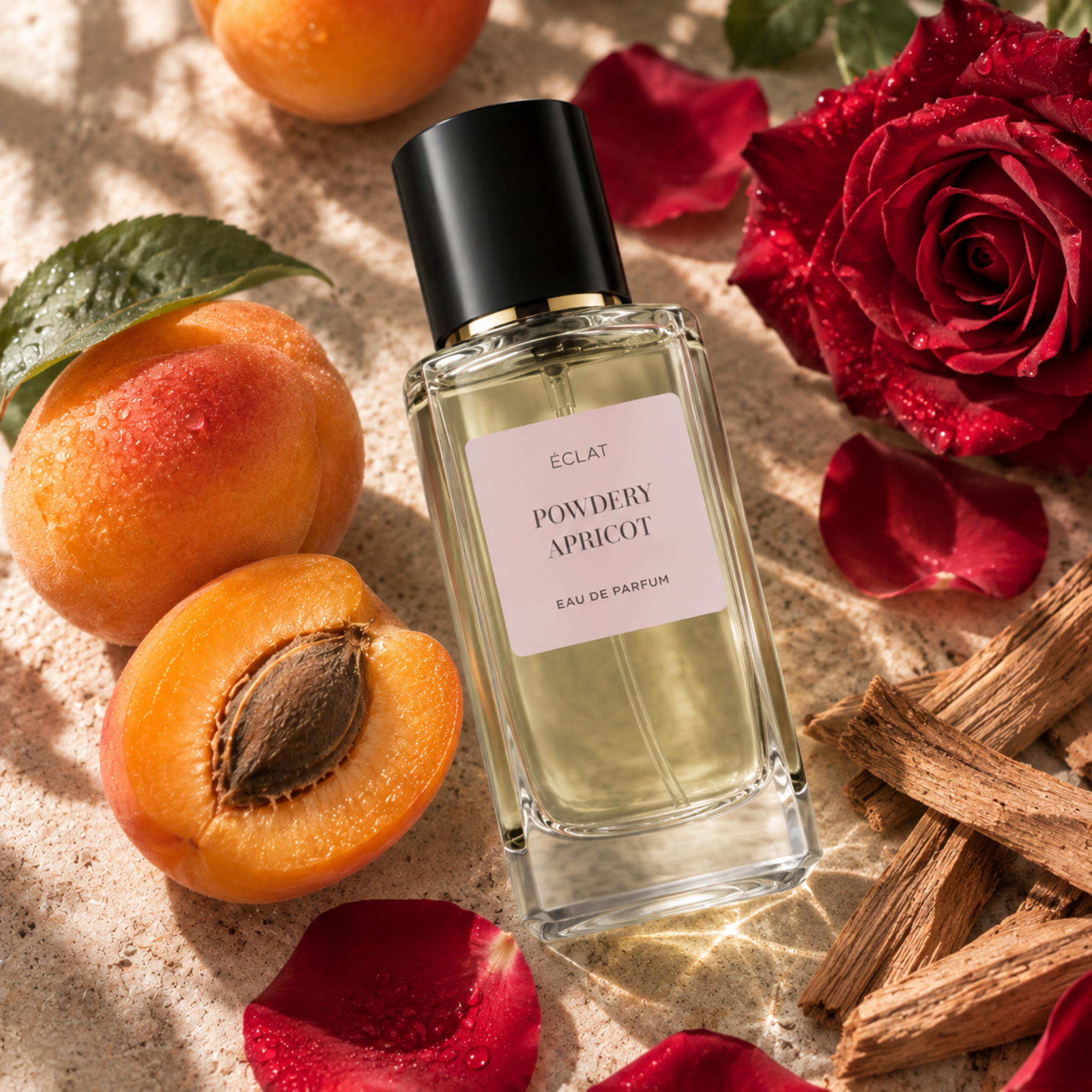 Facettierter Glasflakon von ÉCLAT Powdery Apricot, umgeben von frischen Aprikosen, einer roten Rose und Zimtstangen.
