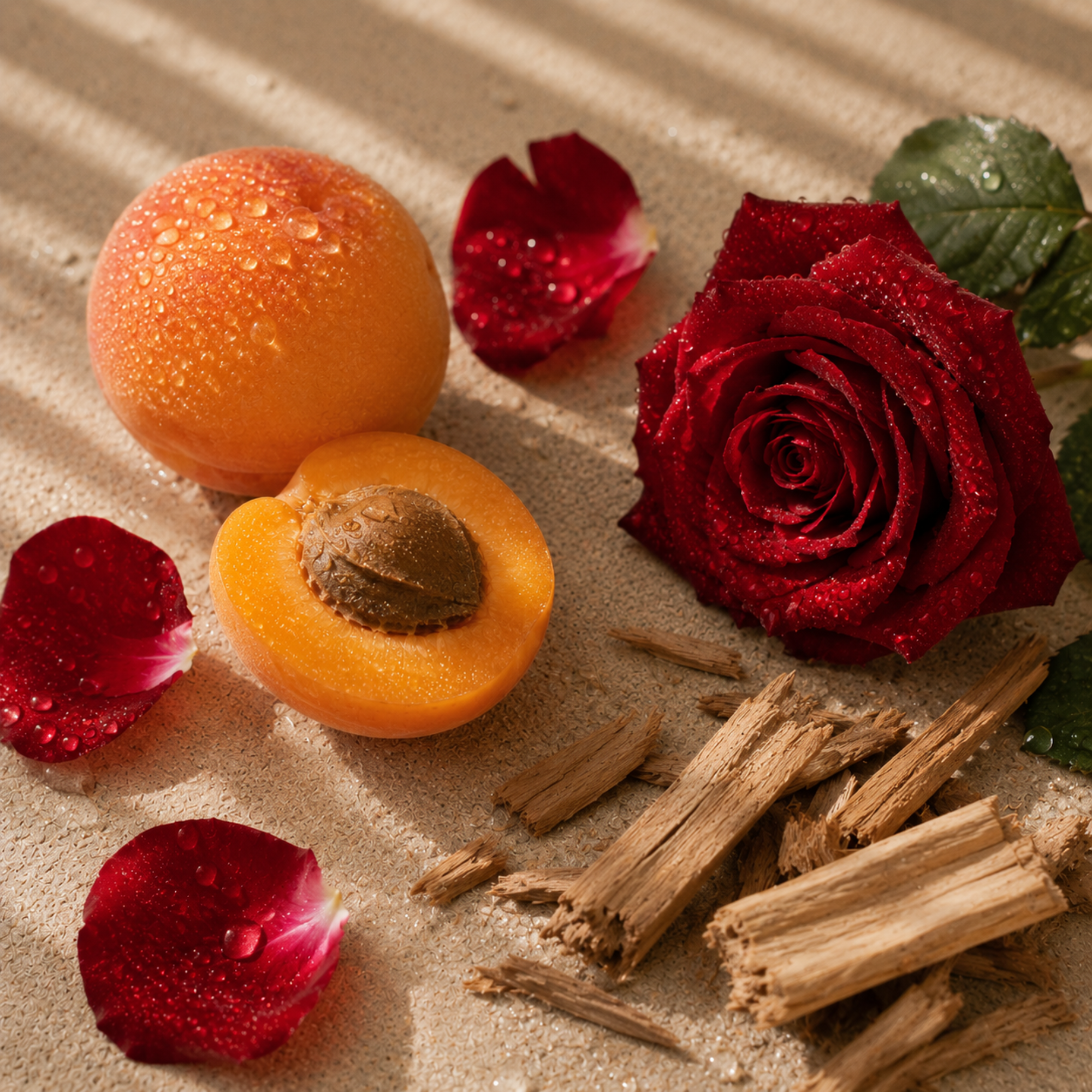 Ein Arrangement aus einem taufrischen Aprikose, roten Rosenblättern, einer vollen Rose und Holzspänen auf einer strukturierten Oberfläche, das ÉCLAT Powdery Apricot symbolisiert.
