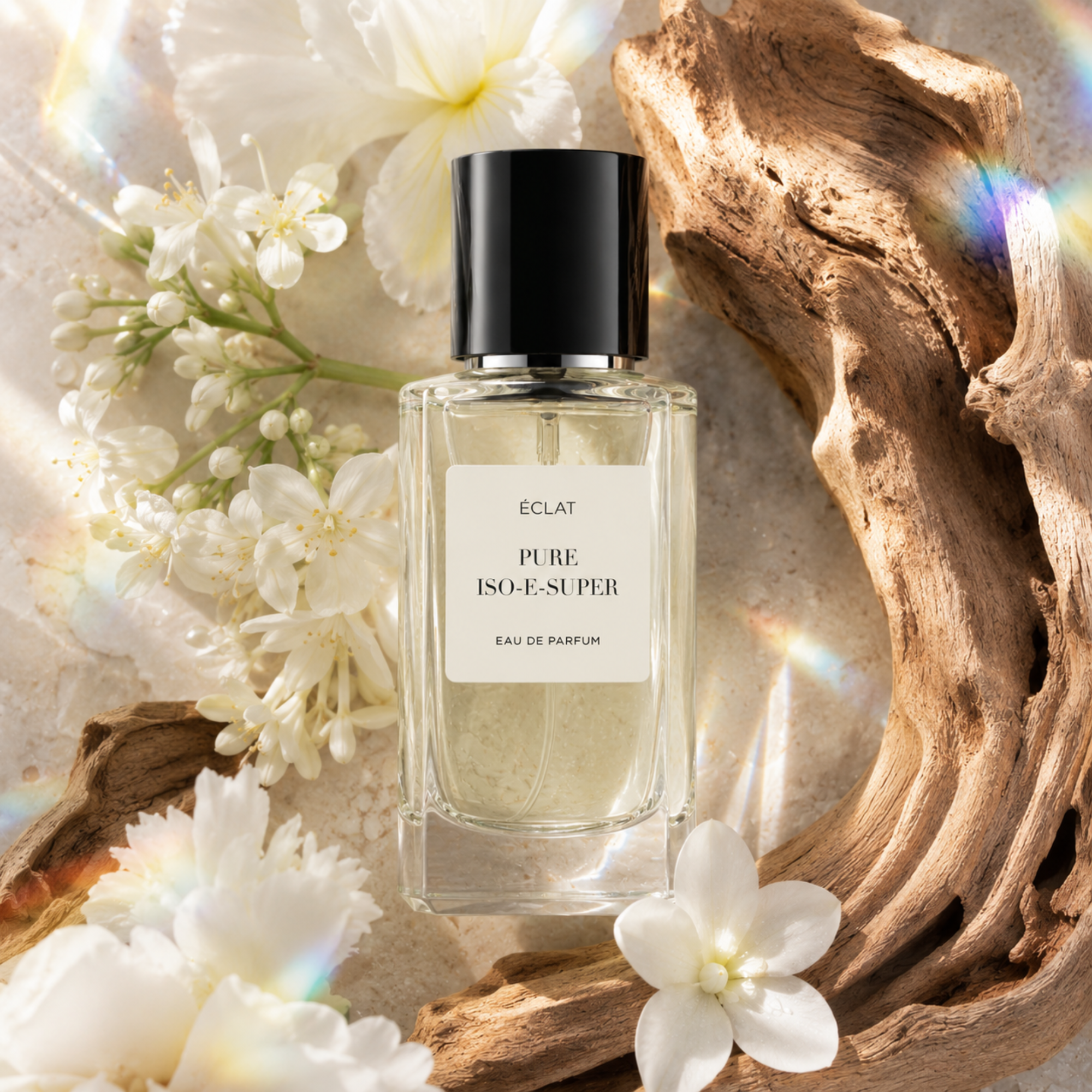 Ein facettierter Glasflakon von ÉCLAT Pure Iso-E-Super mit schwarzem Verschluss, umgeben von zarten weißen Blüten und Naturholz auf einer strukturierten Oberfläche.