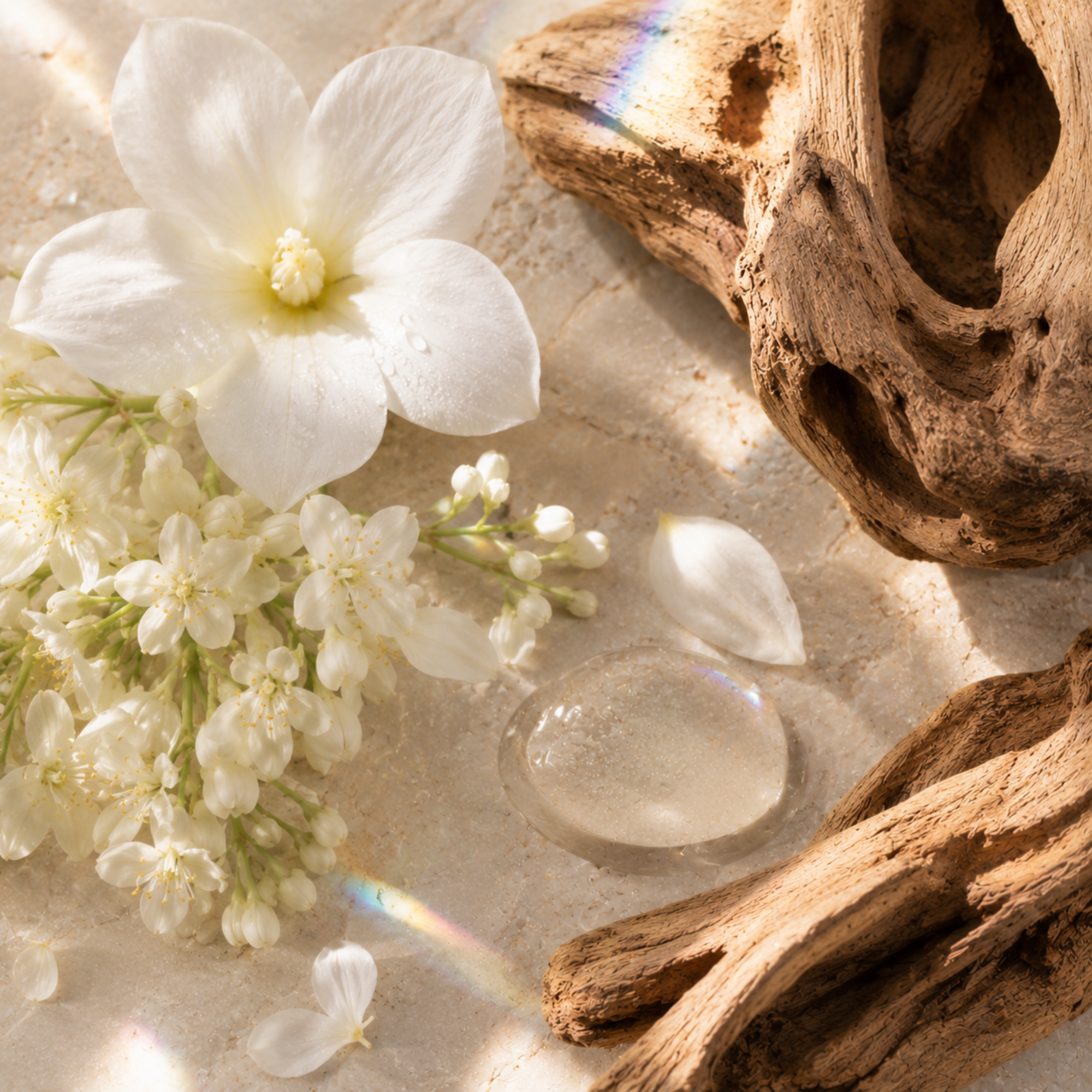 Ein zartes Arrangement aus weißen Jasminblüten, einer Holzstruktur und einem klaren Tropfen auf einer hellen Steinoberfläche.