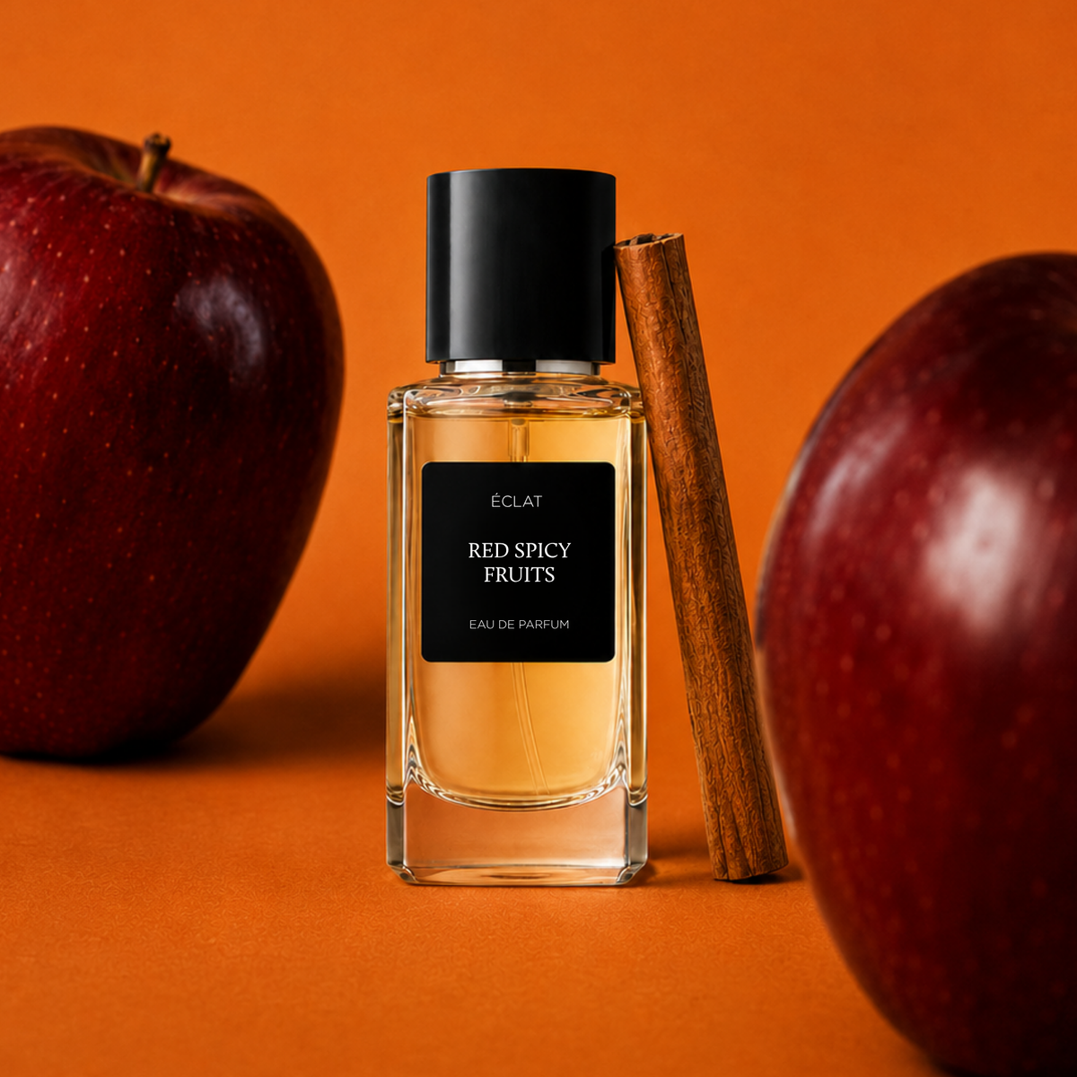Facettierter Glasflakon von ÉCLAT Red Spicy Fruits mit schwarzem Verschluss neben roten Äpfeln und einer Zimtstange auf orangem Hintergrund.
