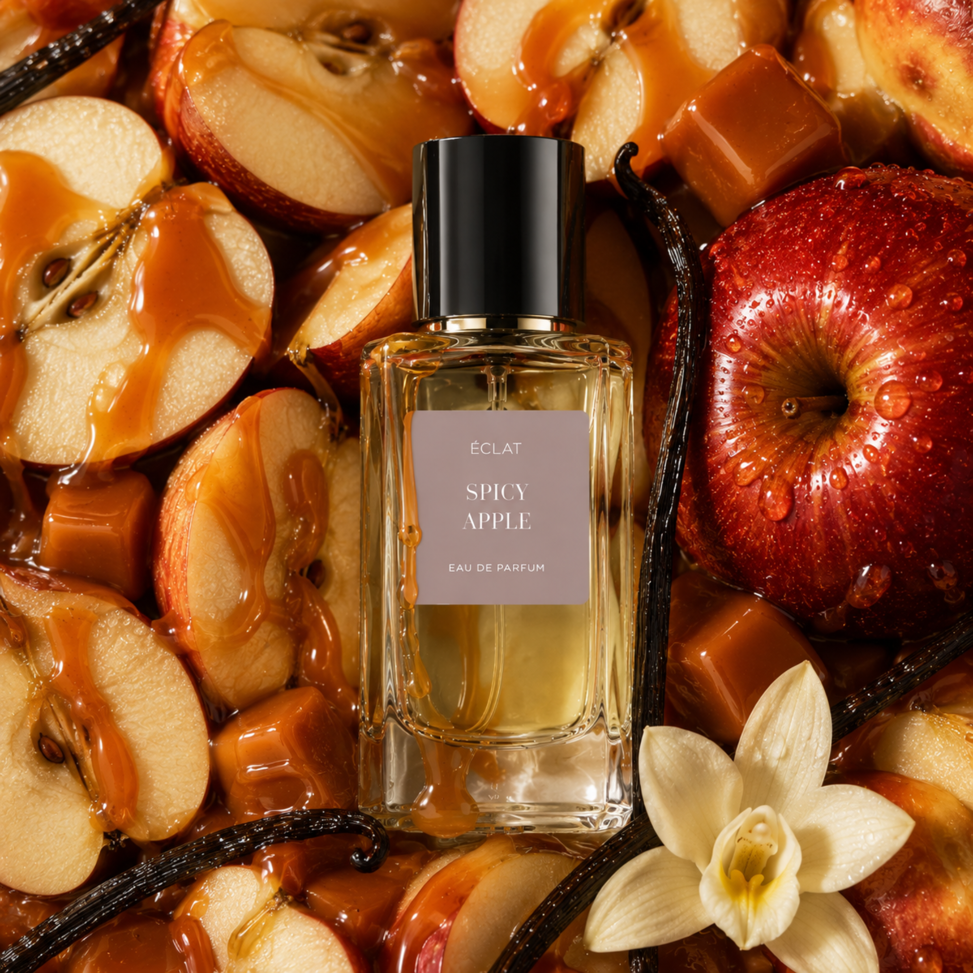 Facettierter Glasflakon ÉCLAT Spicy Apple, umgeben von mit Karamell überzogenen Apfelscheiben, Karamellstücken, Vanilleschoten und einer weißen Blüte.