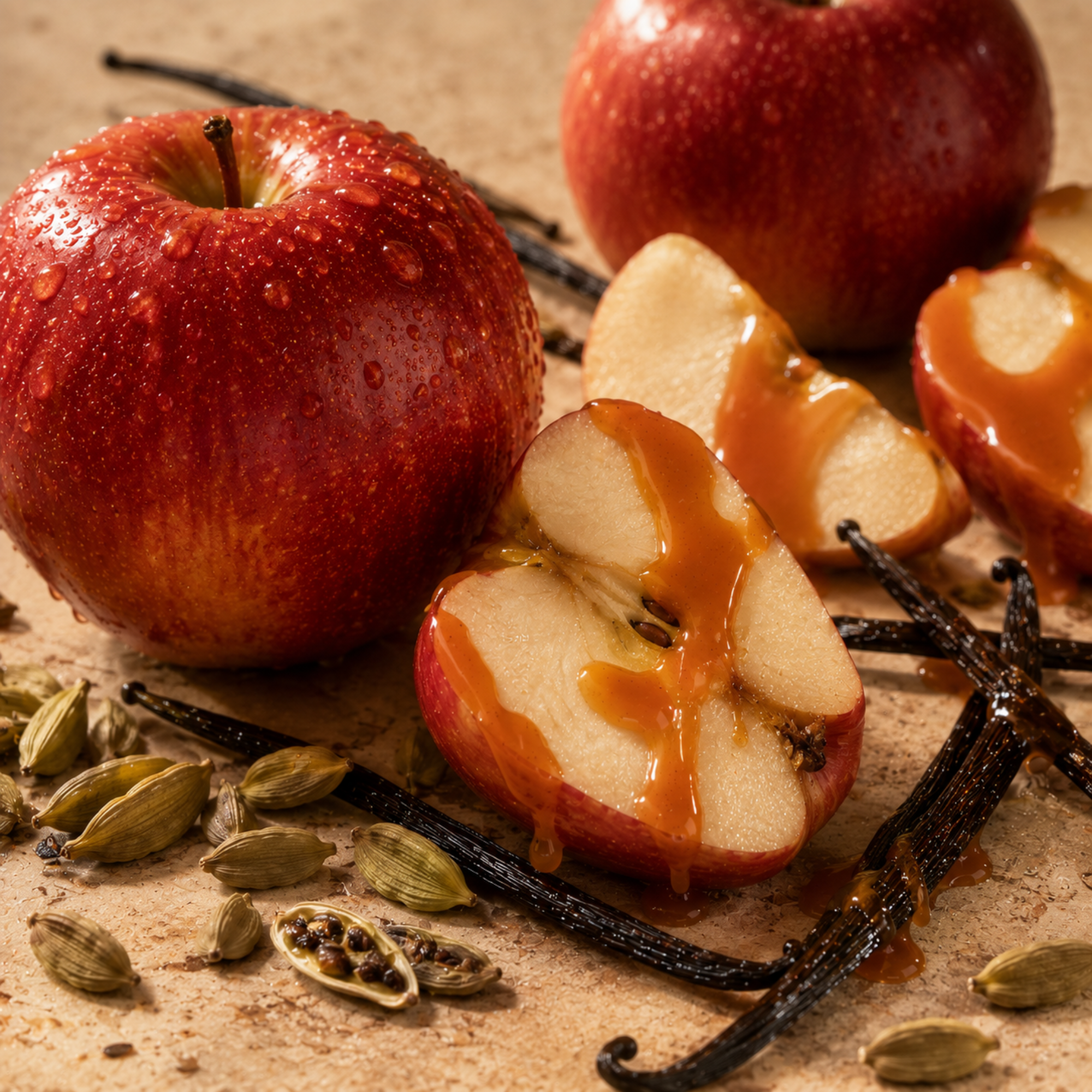 Ein leuchtend roter Apfel mit Karamellüberzug, umgeben von Vanilleschoten und ganze Kardamomkapseln, zeigt die Essenz von ÉCLAT VIP - Spicy Apple.