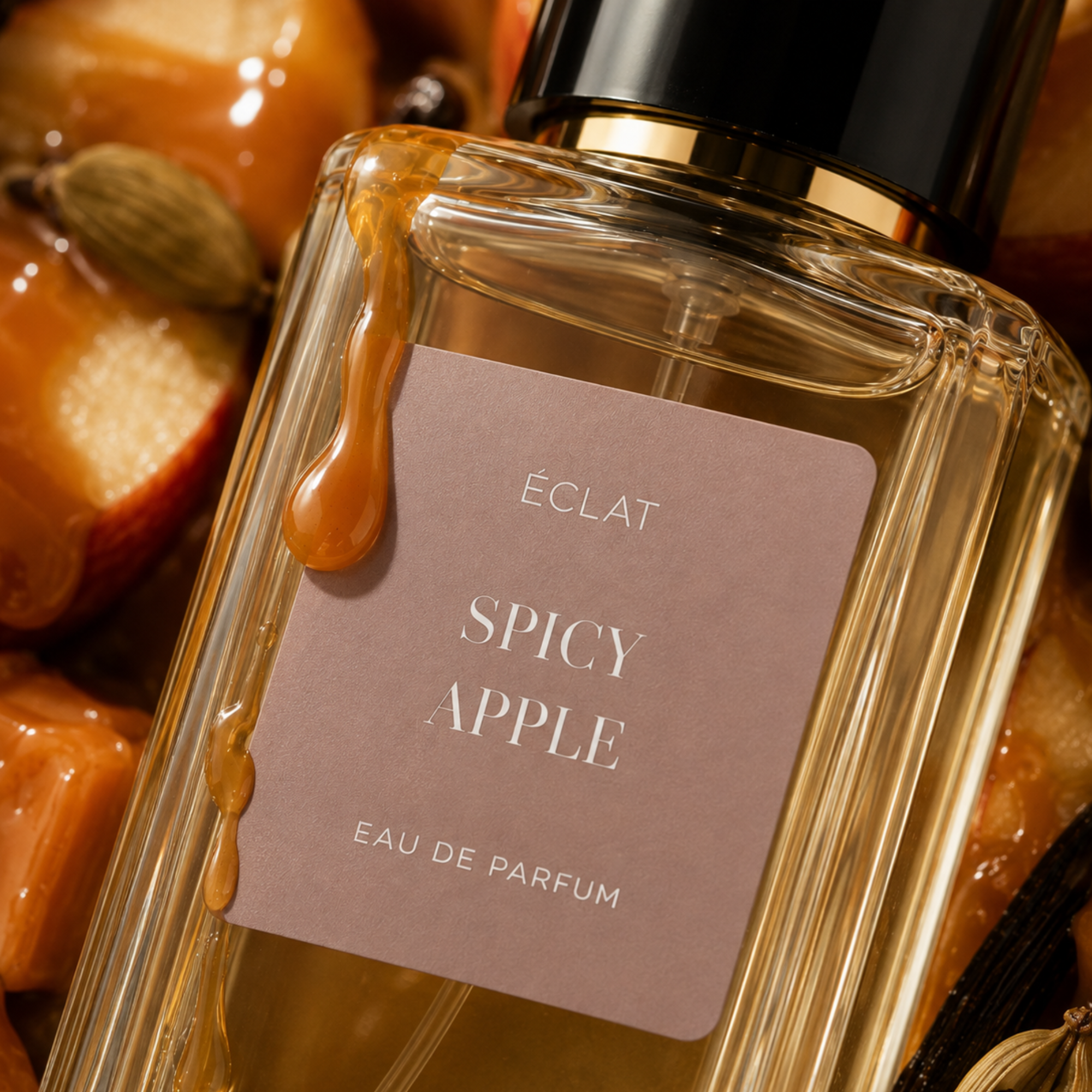 Ein facettierter Glasflakon mit schwarzer und goldener Kappe von ÉCLAT Spicy Apple, umgeben von Karamellsauce, Apfelscheiben, Kardamom und Vanille.