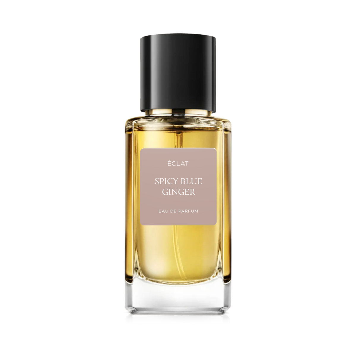 ÉCLAT SPICY BLUE GINGER Parfumflakon mit transparentem Glasflakon und schwarzer Kappe.