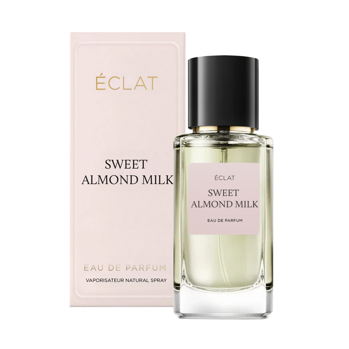 Ein facettierter Glasflakon mit schwarzem Verschluss, etikettiert mit ÉCLAT Sweet Almond Milk, neben einer passenden rosa Verpackung.