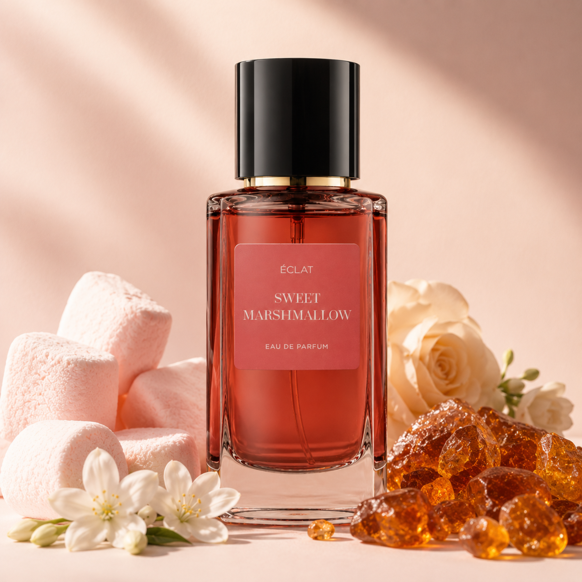 Facettierter Glasflakon von ÉCLAT Sweet Marshmallow mit schwarzem Verschluss, umgeben von Marshmallows, weißen Blüten und Zuckerkristallen.