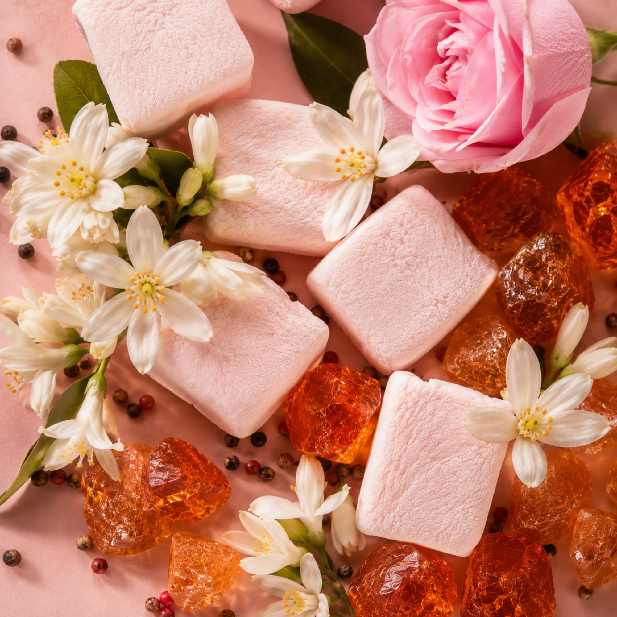 Ein Arrangement aus rosa Marshmallows, weißen Blüten, bernsteinfarbenen Zuckersteinen und einer rosa Rose auf einem zarten rosa Hintergrund, symbolisierend ÉCLAT VIP Sweet Marshmallow.