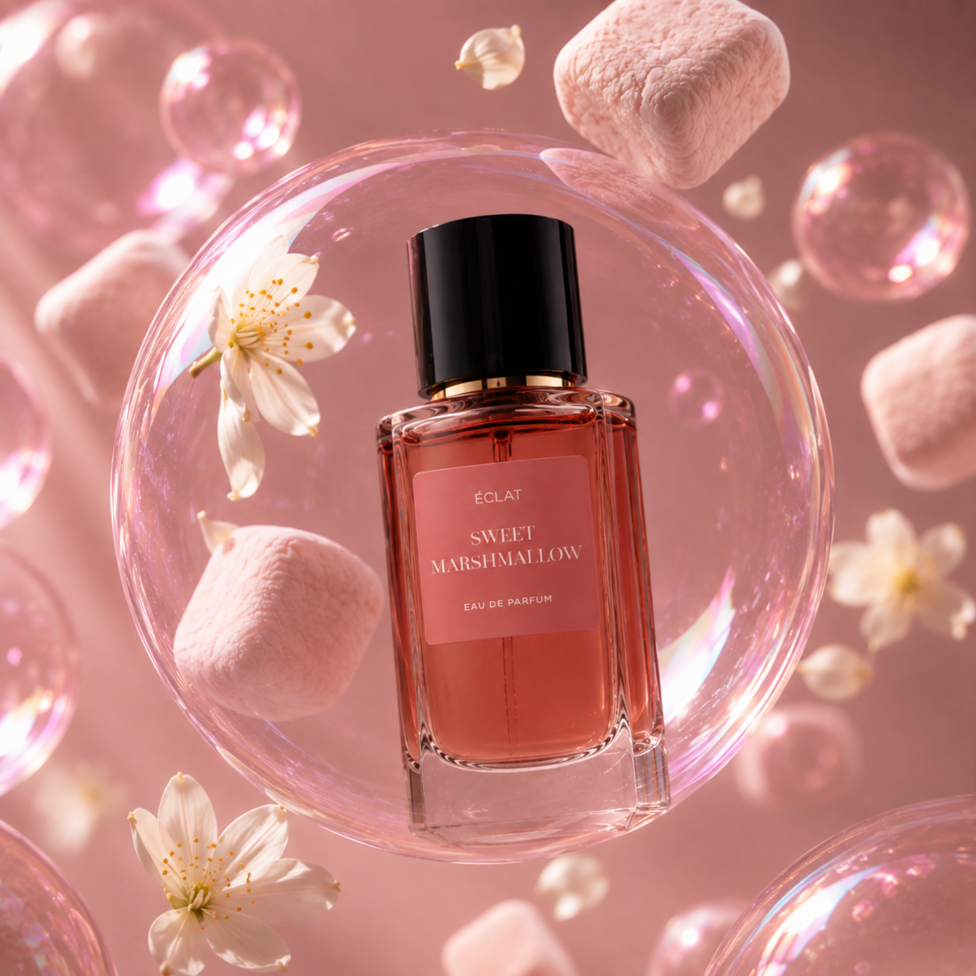 Facettierter Glasflakon von ÉCLAT Sweet Marshmallow mit schwarzem Verschluss, umgeben von zarten rosa Marshmallows und weißen Blüten auf warmem rosa Hintergrund.