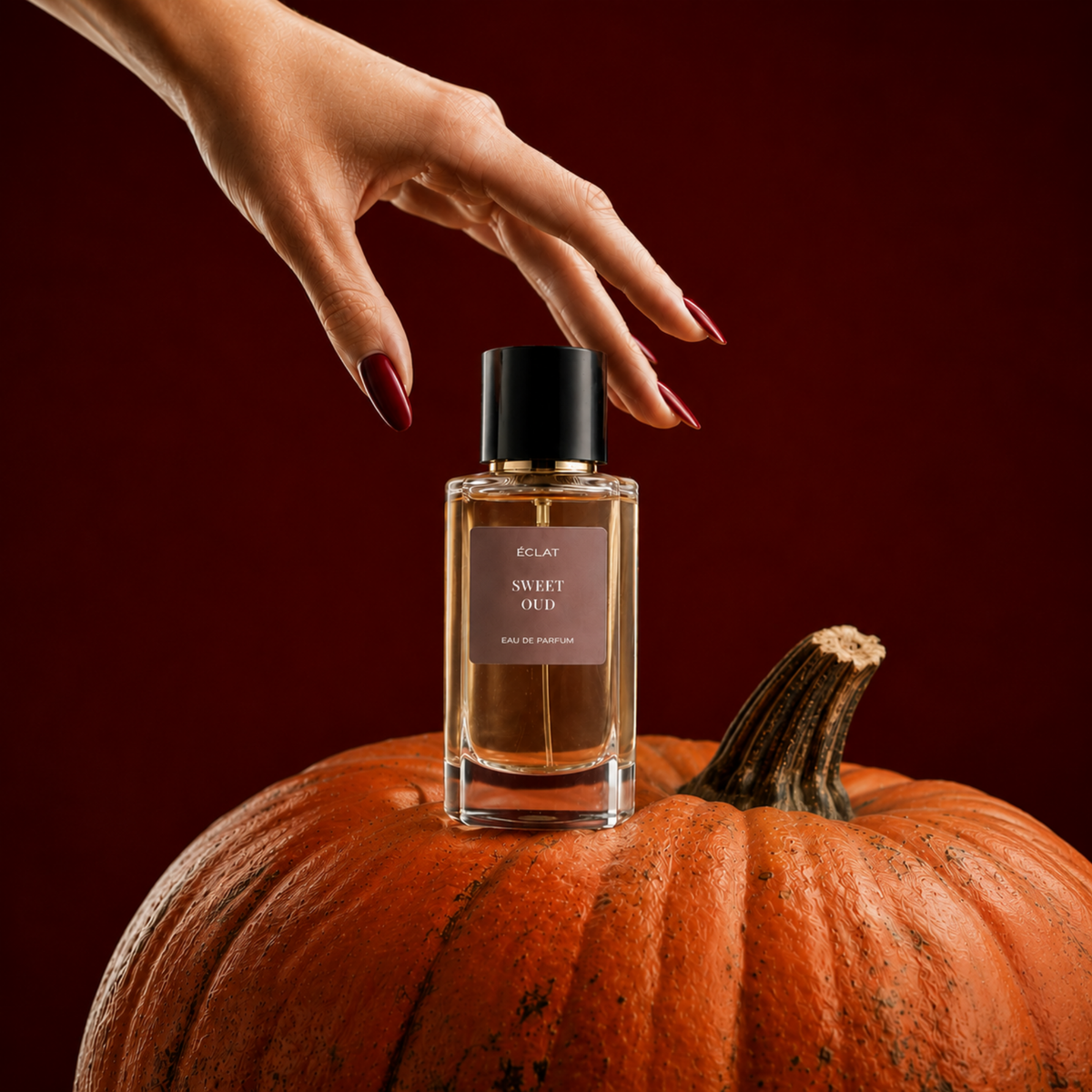 Ein facettierter Glasflakon von ÉCLAT Sweet Oud mit schwarzer Kappe, platziert auf einem orangefarbenen Kürbis vor einem tiefroten Hintergrund.