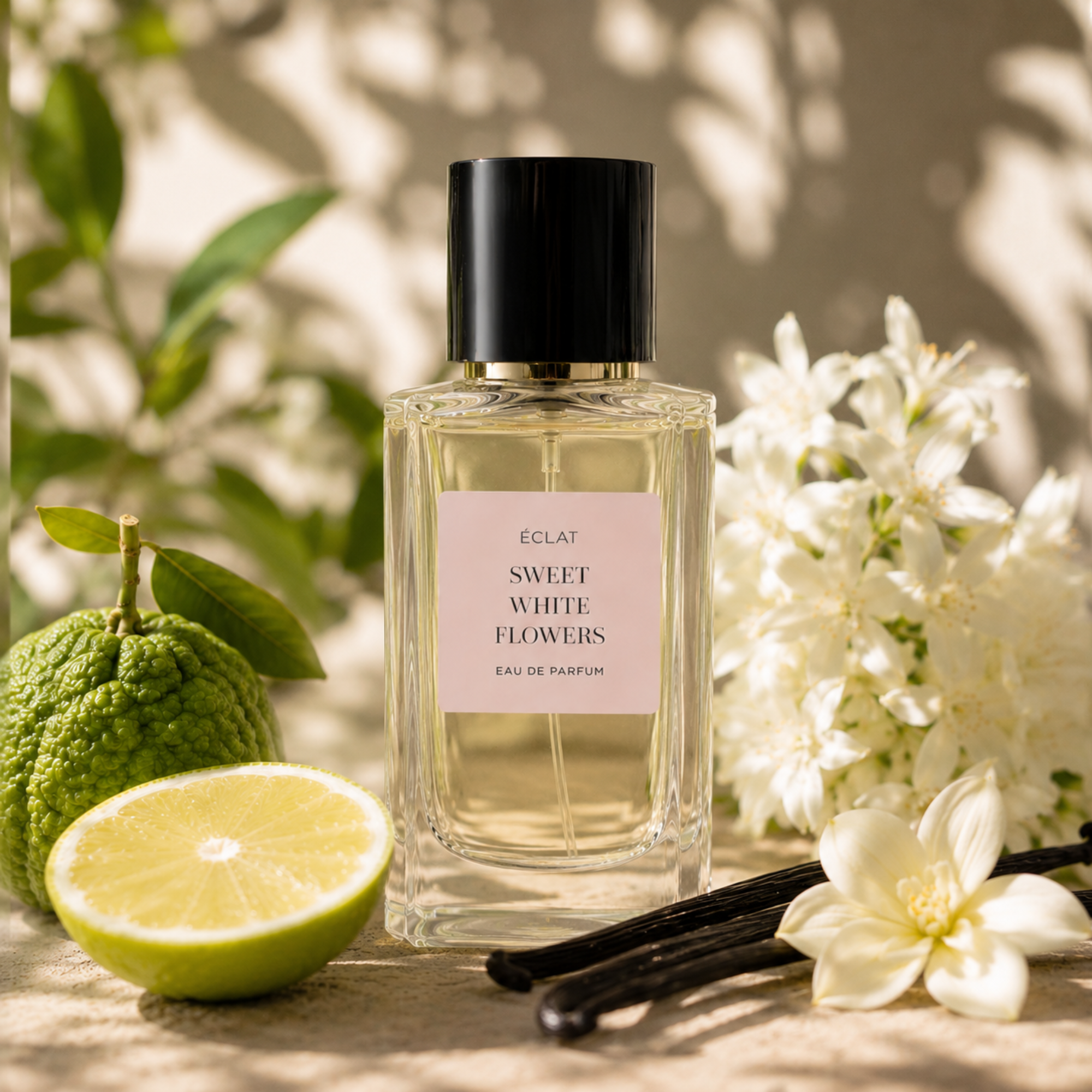 ÉCLAT Sweet White Flowers Parfümflakon mit schwarzer Kappe, umgeben von weißen Blumen, einer Bergamotte, einer Limettenhälfte und Vanilleschoten.