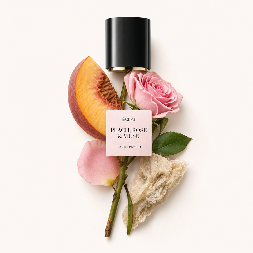 Ein Arrangement aus einer Pfirsichscheibe, rosa Rose und Moschusnote mit ÉCLAT-Schwarzkappe mit Etikett oben.