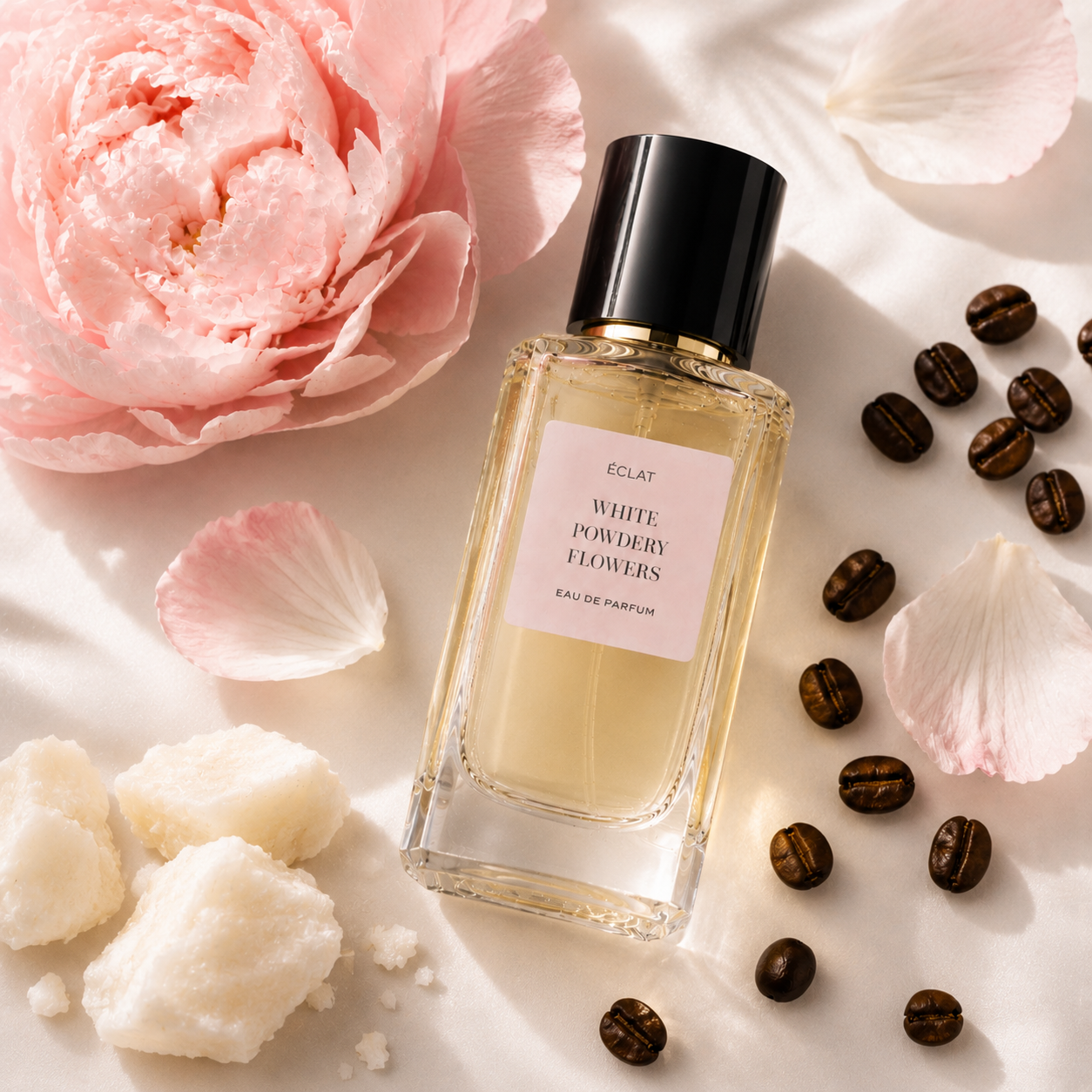 ÉCLAT White Powdery Flowers Parfümflakon mit schwarzer Kappe auf satinierter Oberfläche, umgeben von rosa Pfingstrosen, Blütenblättern, Kaffeebohnen und pudrigen Stücken.